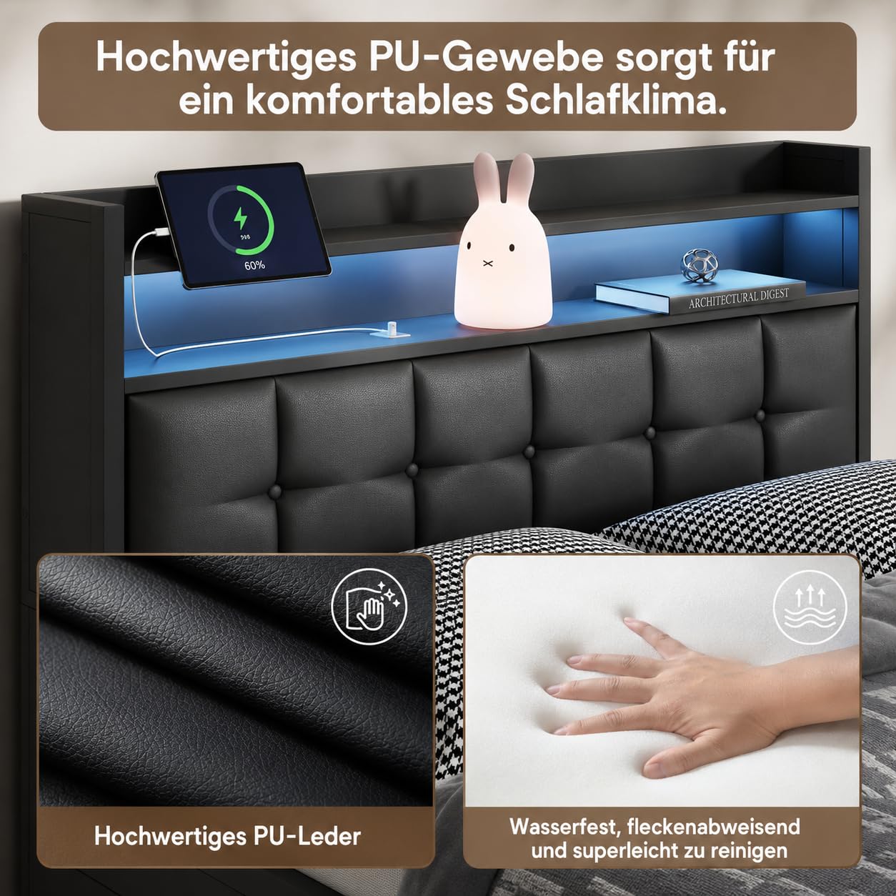 PerGar Polsterbett Doppelbett 140x200 mit LED Beleuchtung und Ladefunktion, Hydraulisches Stauraumbett mit Kopfteil, Jugendbett Betten mit Lattenrost und Bettkasten, PU, Ohne Matratze, Schwarz