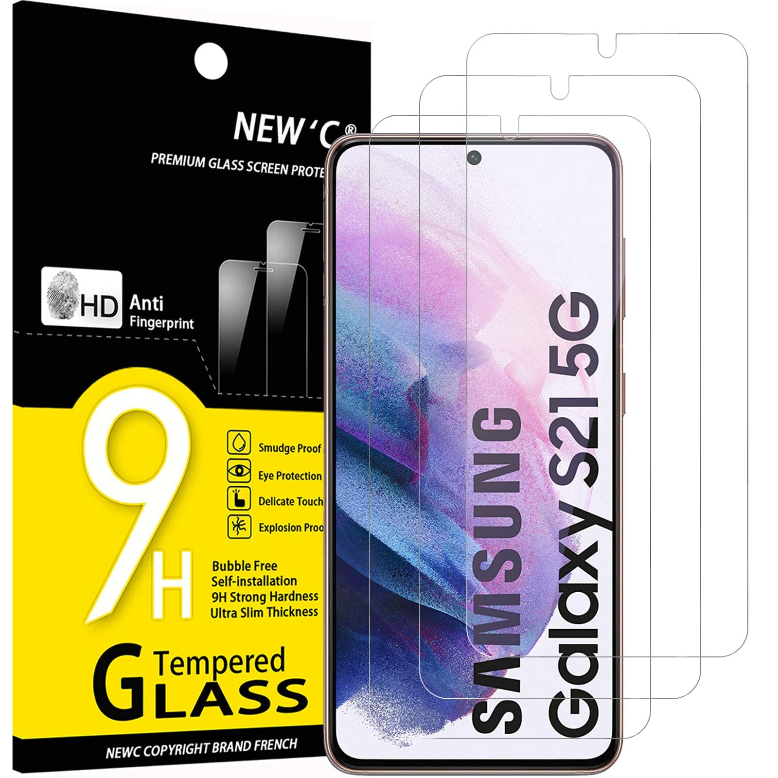 Photo 1 of NEW'C 3 Pack Designed for Samsung Galaxy S21 5G (6.2), Screen Protector Tempered Glass, Scratch-Proof, Bubble-Free, Ultra Resistant (0.26 mm HD Ultra Transparent) 9H Hardness Glass