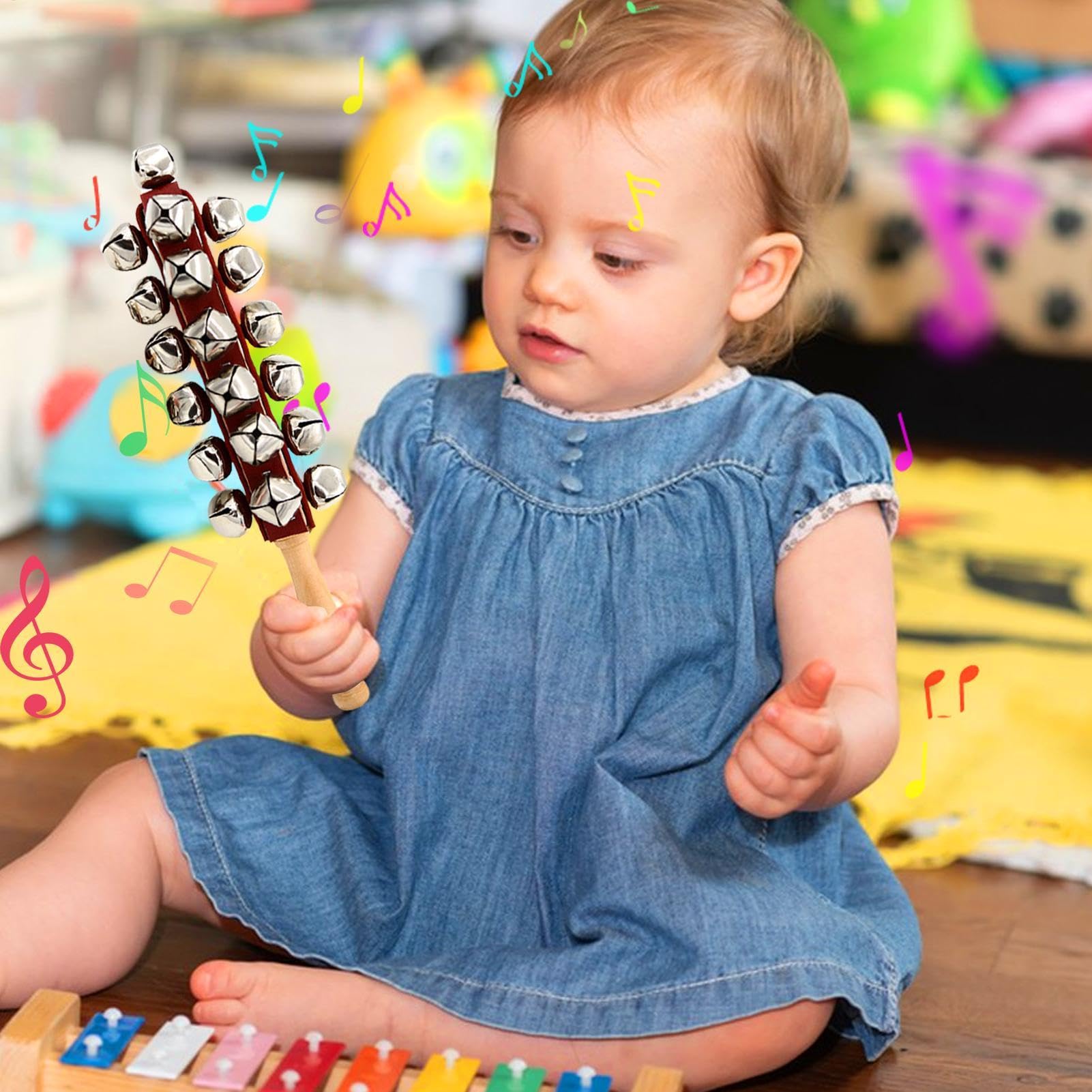 Handheld Sleigh Bells - Wooden Jingle Hand Bell | Jingle Bells Stick with Wooden Handle | Wood Hand Rattle Sticks | Handheld Bells Rattles Toy | Hand Jingle Bells For Dancing, Concerts, Birthday