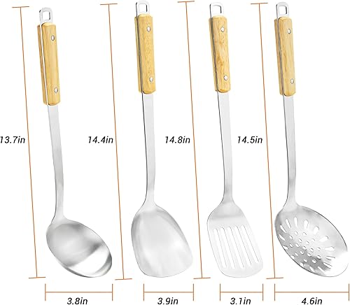 Miniatura 3 de FJNATINH Utensilios de cocina - Espátula, cucharón, cuchara espumadora, espátula ranurada - Juego de 4 utensilios de wok de acero inoxidable para
