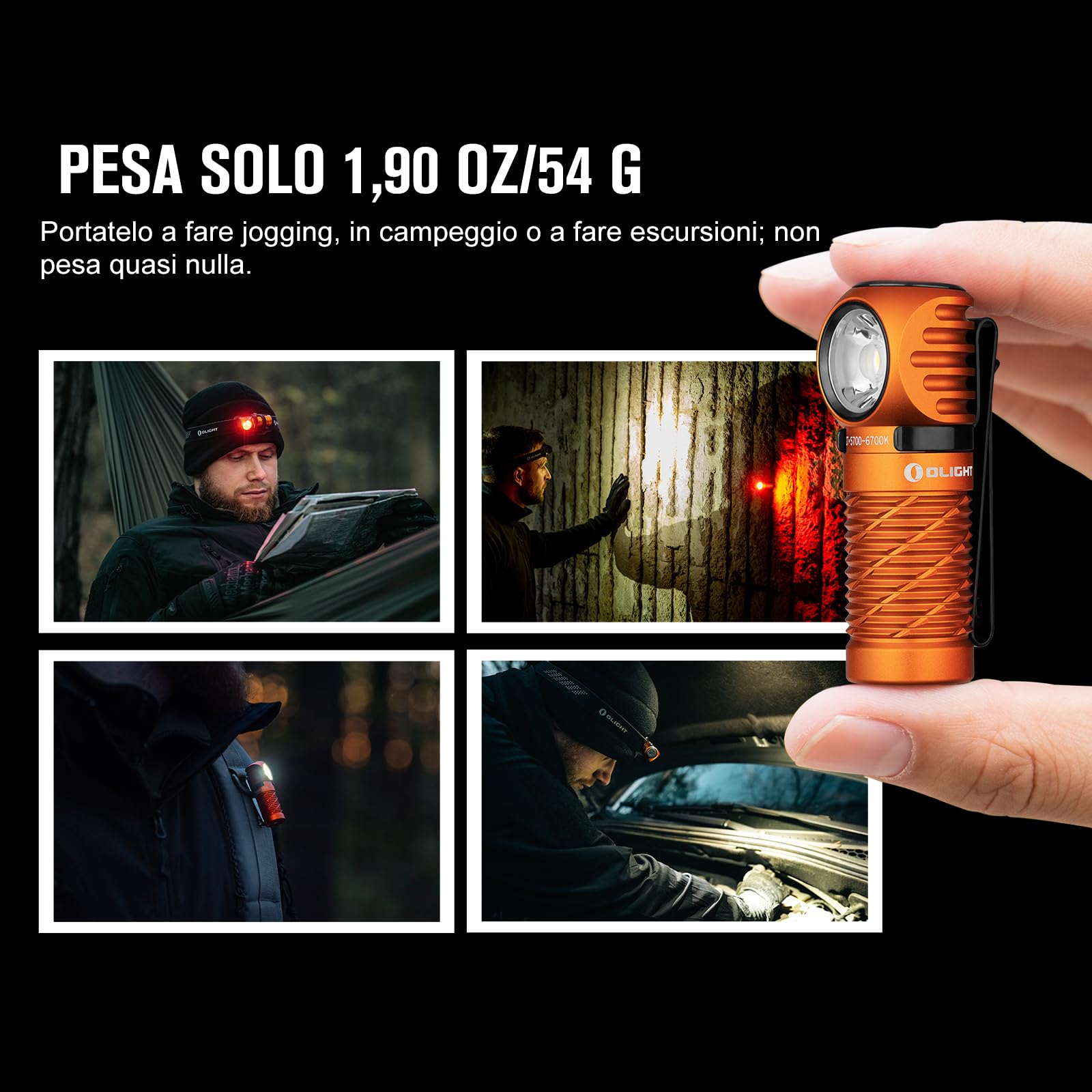OLIGHT Perun 2 mini Lampada Frontale LED 1100 Lumen Torcia Elettrica Ricaricabile 5 Livelli di luminosità, Regolabile a 180° per Corsa, Jogging, Campeggio, le segnalazioni di emergenza (Arancione)
