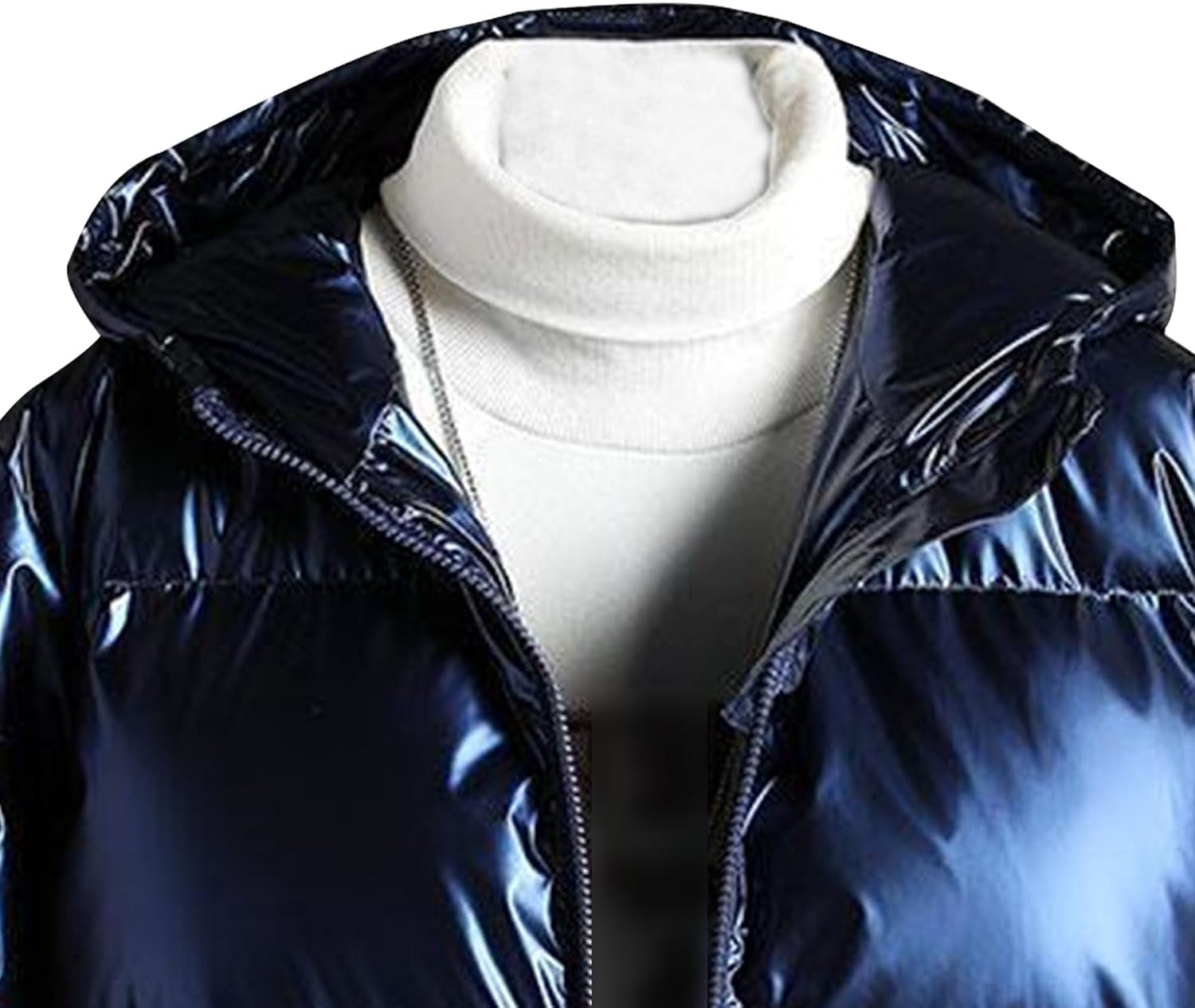 DGHM-JLMY Men's Glossy Padded Winter Hood Coat Metallic Full Zip Down Quilted Puffer Jacket Warm Plus Size Shiny Hooded Coat (Blue,Large)