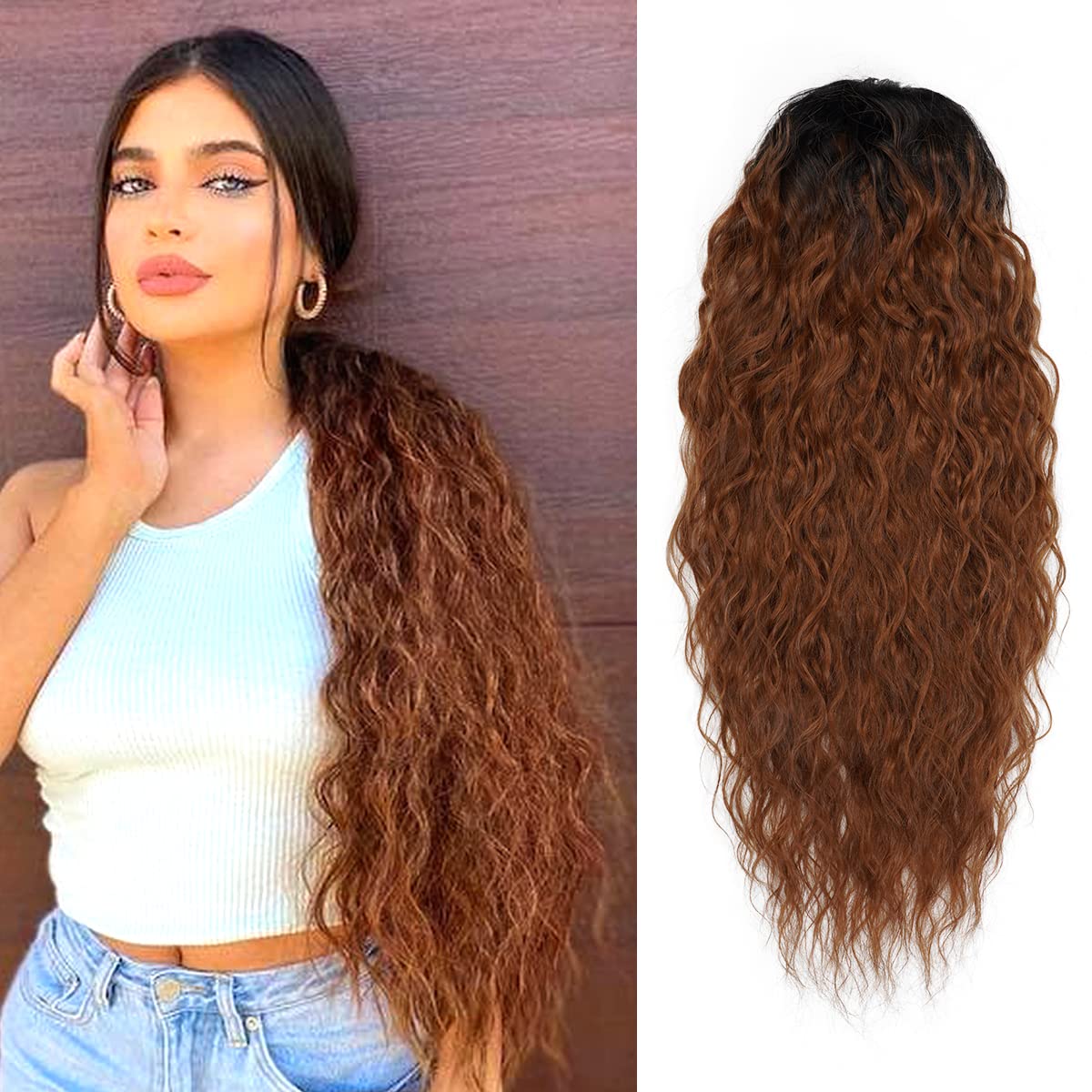 GLAM21USA 28 Inch Ponytail Extension Crimp wave Long