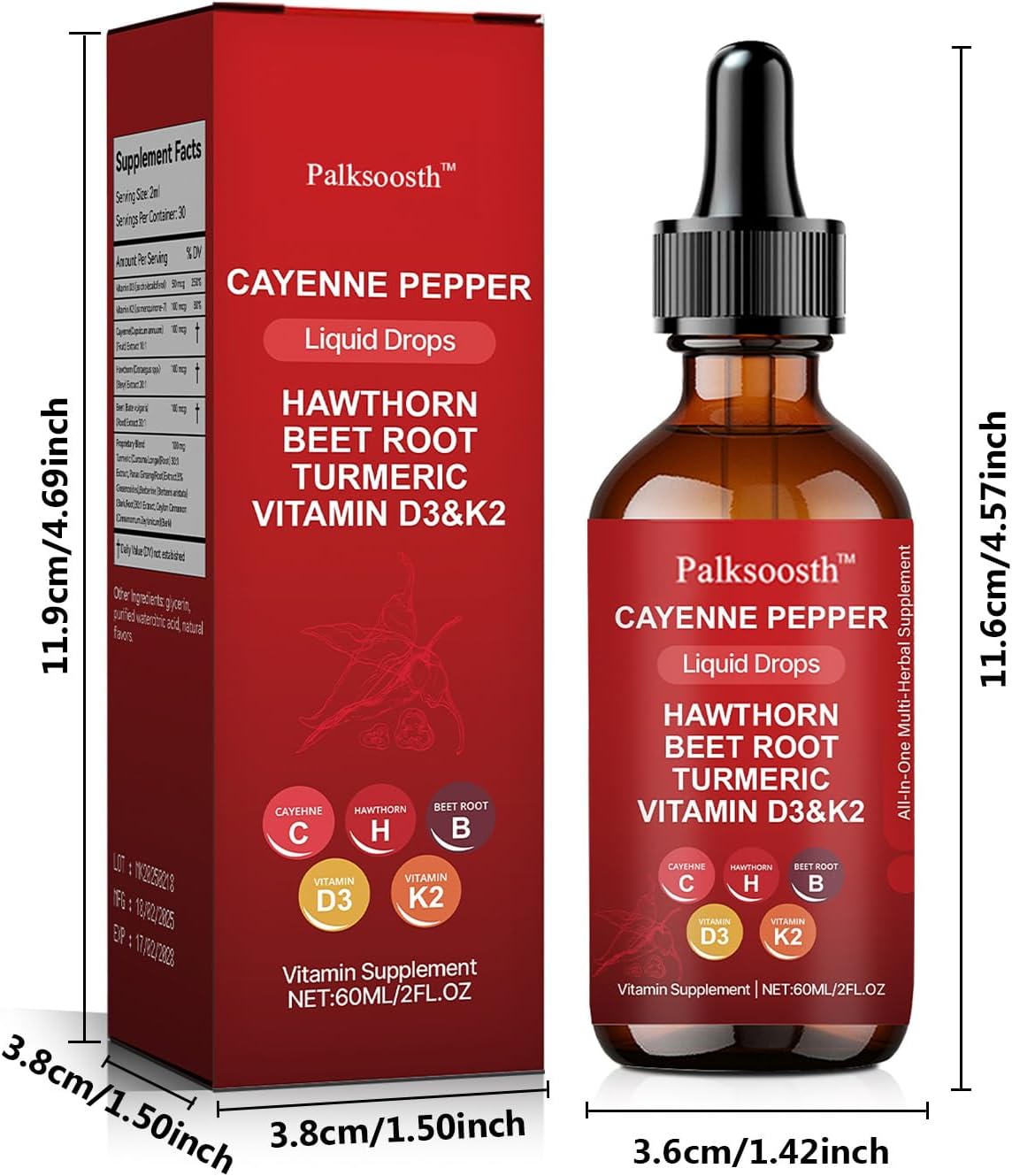 Velestoff Cayenne Pepper Drops, Cayenne Pepper Extract Liquid Drops with Hawthorn Beet Root Turmeric Curcumin, Vitamin K2 & D3 Support for Vascu Blood Flow - 2 Bottles(60ml) - Image 9