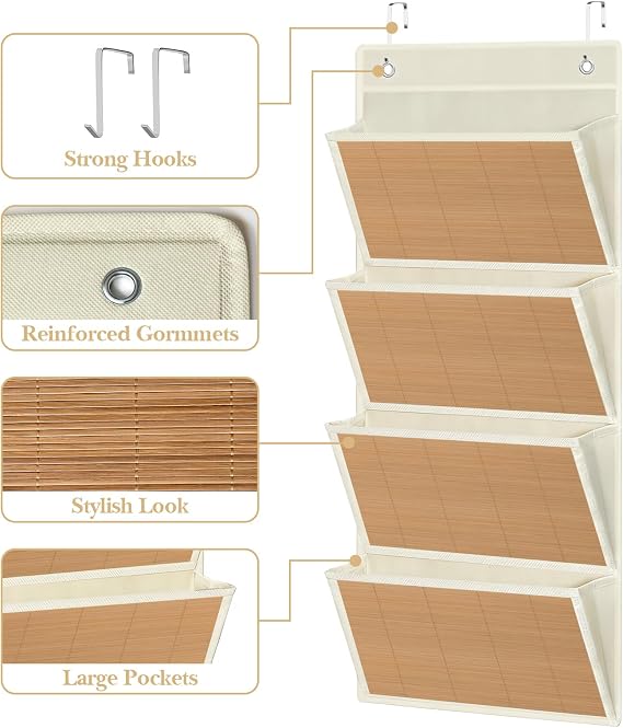 homyfort hanging wall file organizer, Over the door file folder organizer with 4 Large Bamboo Pockets, Suitable for Home, Office, Back to School Supplies Storage and Organization (Beige)