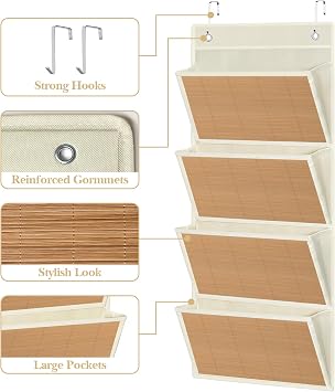 homyfort hanging wall file organizer, Over the door file folder organizer with 4 Large Bamboo Pockets, Suitable for Home, Office, Back to School Supplies Storage and Organization (Beige)