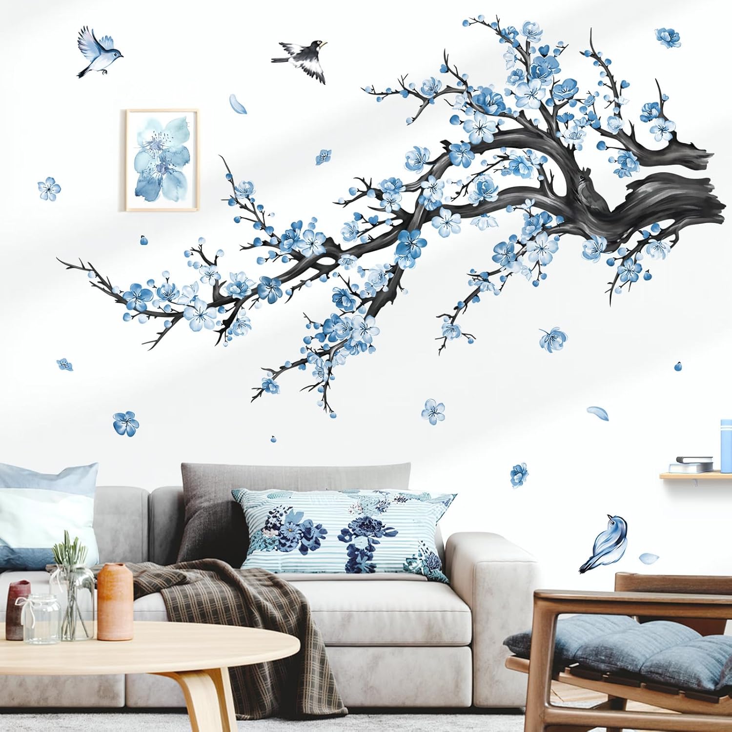 decalmile Blue Flower Branch Wall Decals Watercolor Blossom Floral Tree Branches Wall Stickers Living Room Bedroom Sofa TV Background Wall Decor