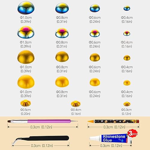 Miniatura 3 de Diamantes de imitación de perlas doradas de 2.12 oz con parte trasera plana para manualidades, tamaño mixto de 0.116 a 0.394 pulgadas, color AB,