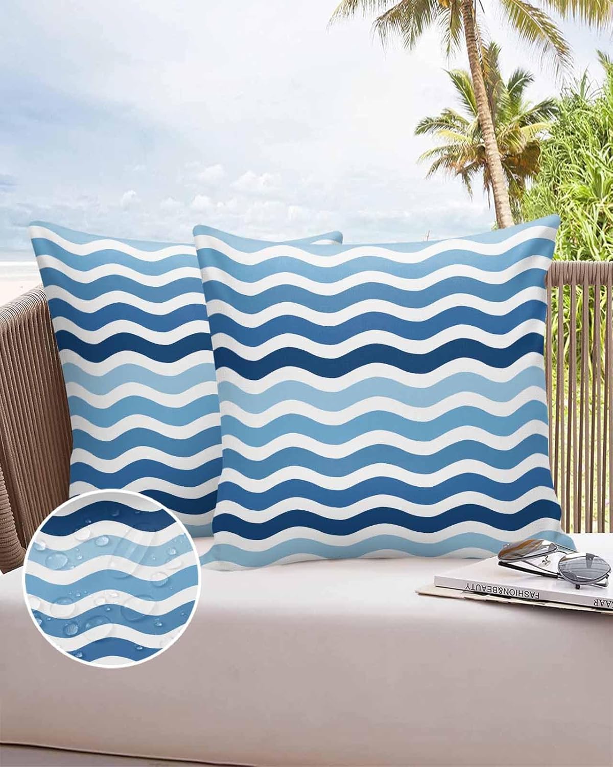 Blue Wave Outdoor Waterproof Pillow Covers Pack of 2, Gradient Abstract Water Ripple Stripes Nautical Decorative Throw Pillowcases Polyester Cushion Covers for Garden Patio Tent Sofa Couch, 26x26 inch
