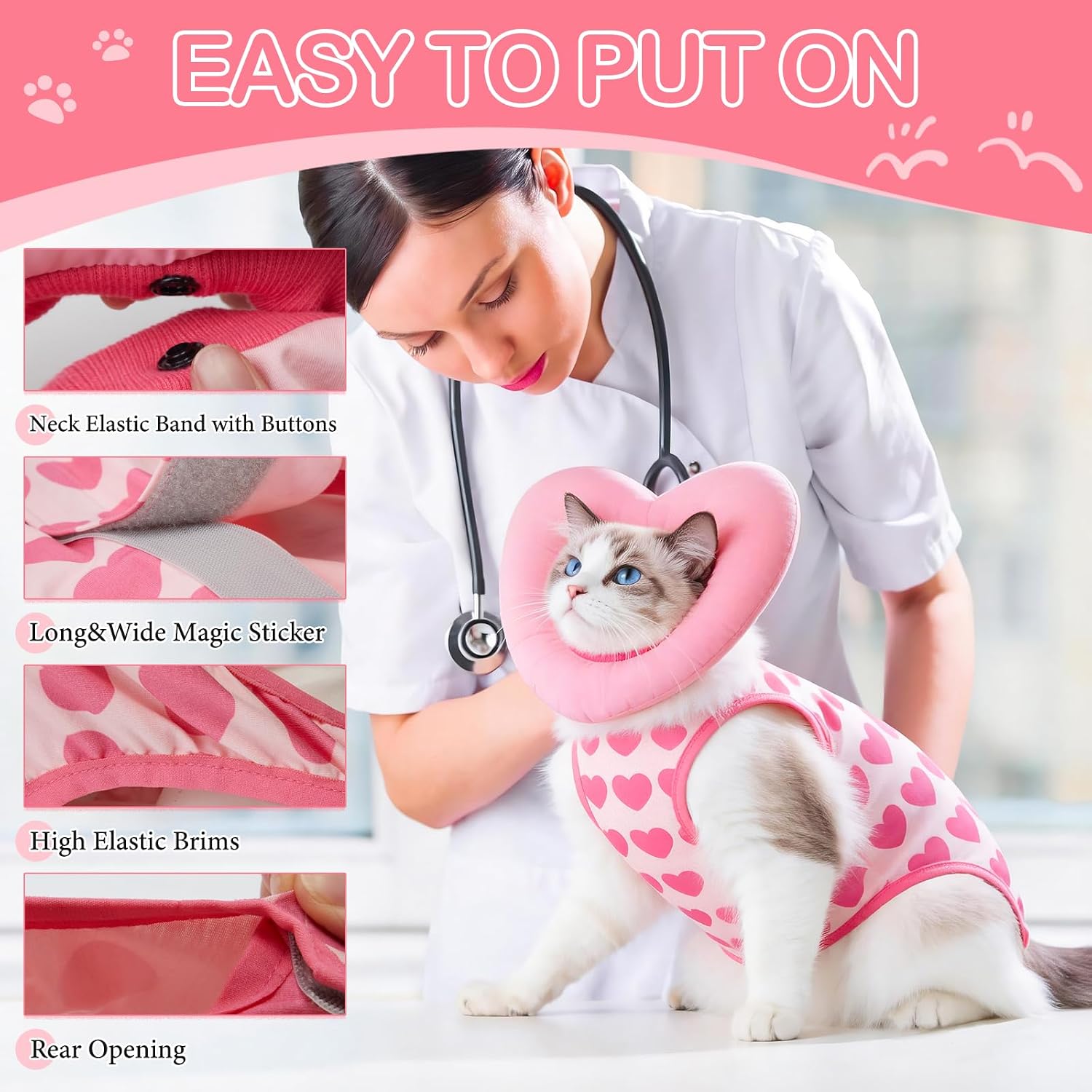 EMUST Cat Surgery Recovery Suit for Female Cats, Adjustable Soft E-Collar Alternative Onesie Gift for Cat Lovers, Cute Heart Breathable Anti-Licking Post-Op Spay Abdominal Protection Pajamas (M)