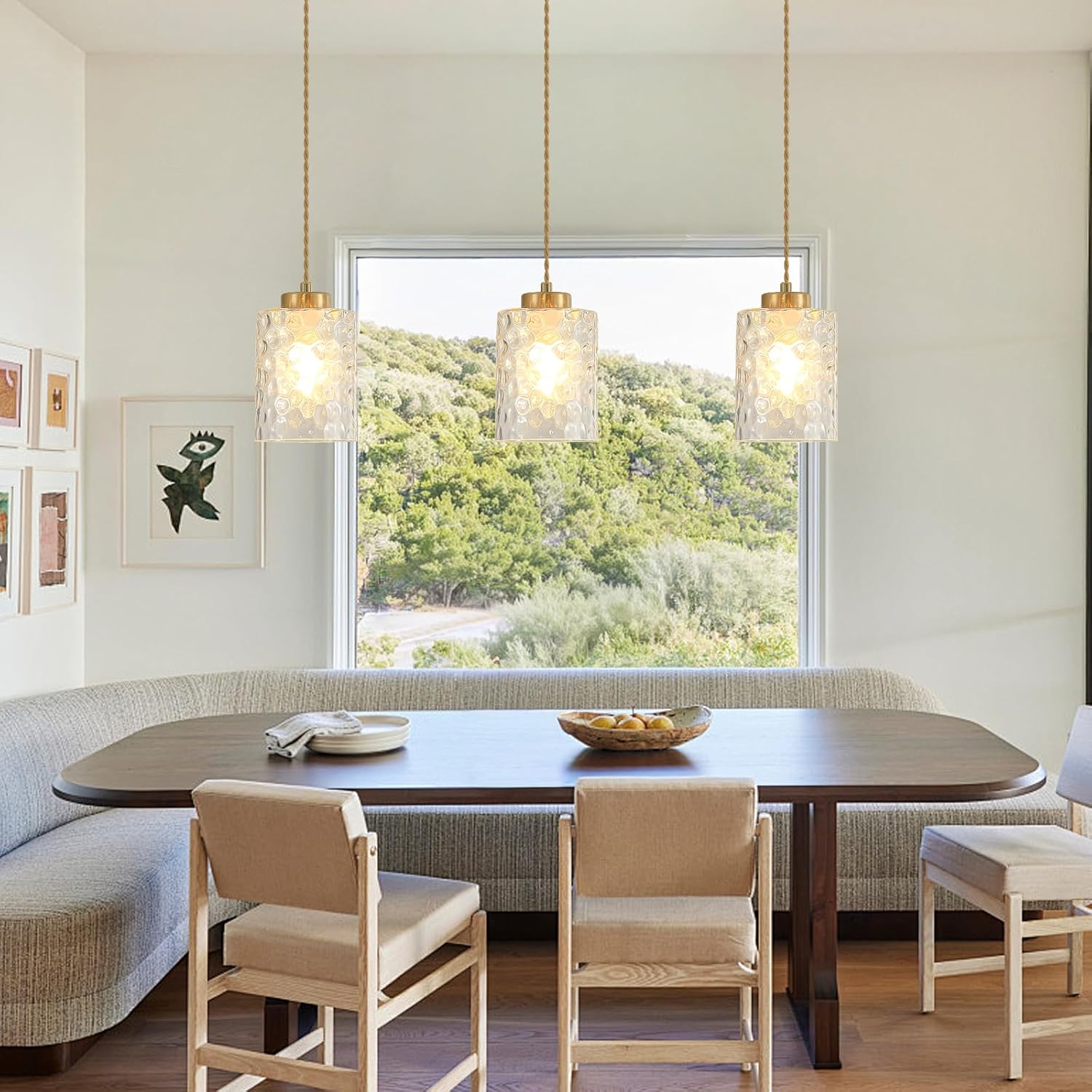 MWZ Gold Pendant Lights Kitchen Island 3 Pack, Modern Hanging Kitchen Pendant Lighting Over Sink with Hammered Glass Shade,Small Chandeliers Fixtures Adjustable Cord Hanging Lighting for Dining Room