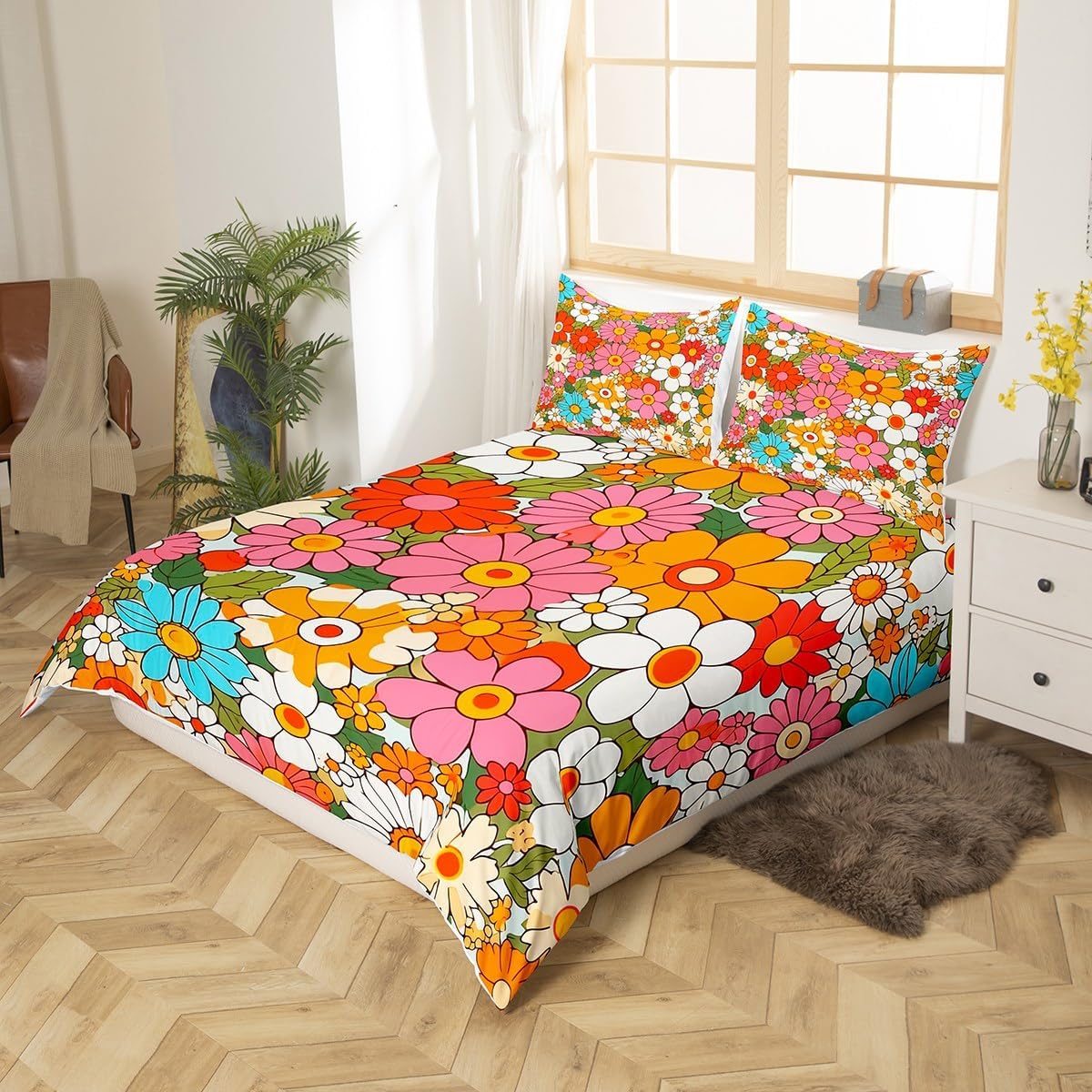 Feelyou Groovy Flower Comforter Cover 60S 70S 80S Hippie Flowers Bohemian Bedding Set Retro Floral Boho Duvet Cover for Children Kids Boys Girls Microfiber Bedspread Cover Room Decor Bedclothes Queen