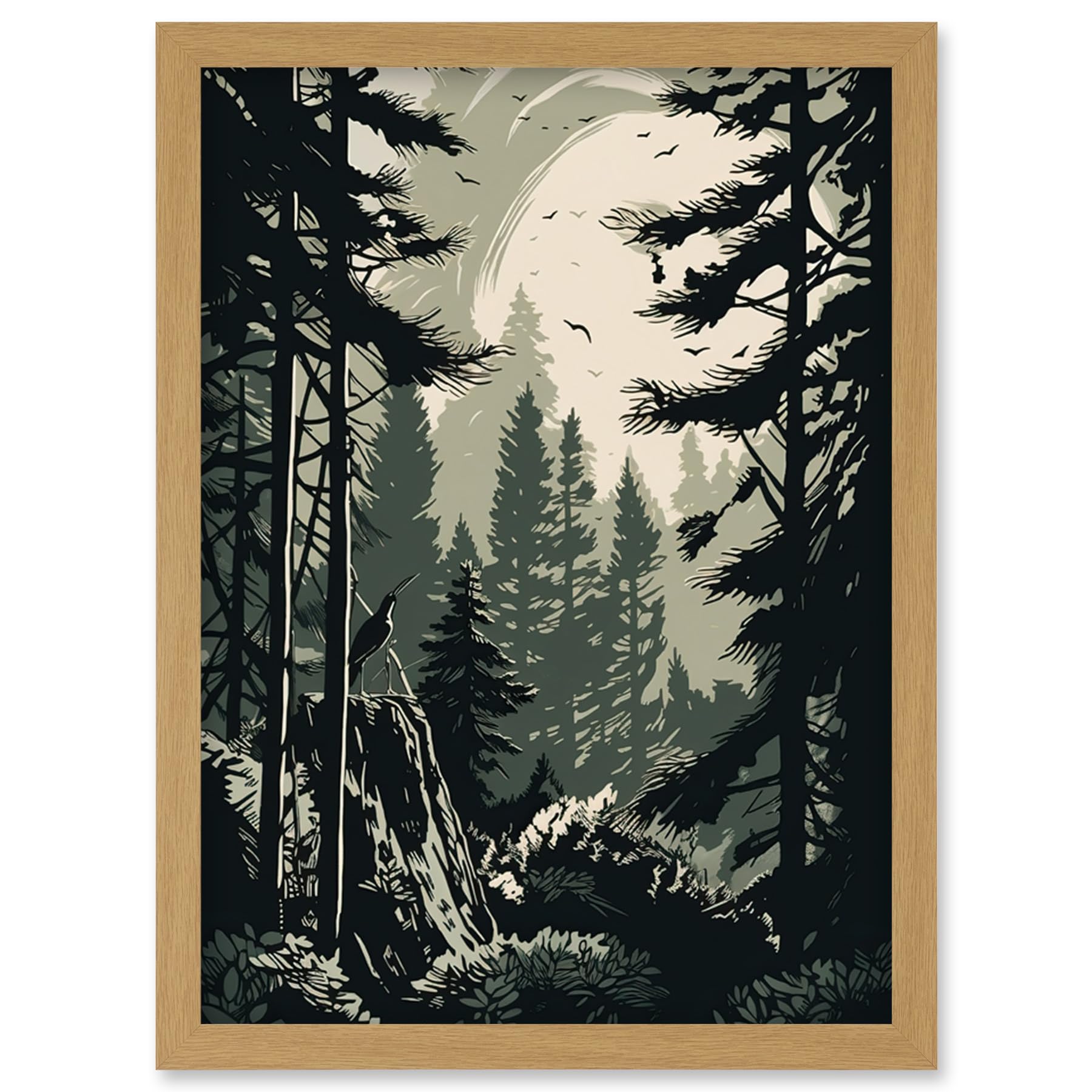 Artery8 Pine Tree Forest Sunrise Landscape Illustration Artwork Framed Wall Art Print A4