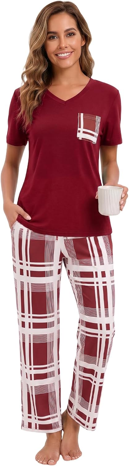 Womens V Neck Pajamas Pants Sets 2 Pieces Lounge Set & Pockets image 2