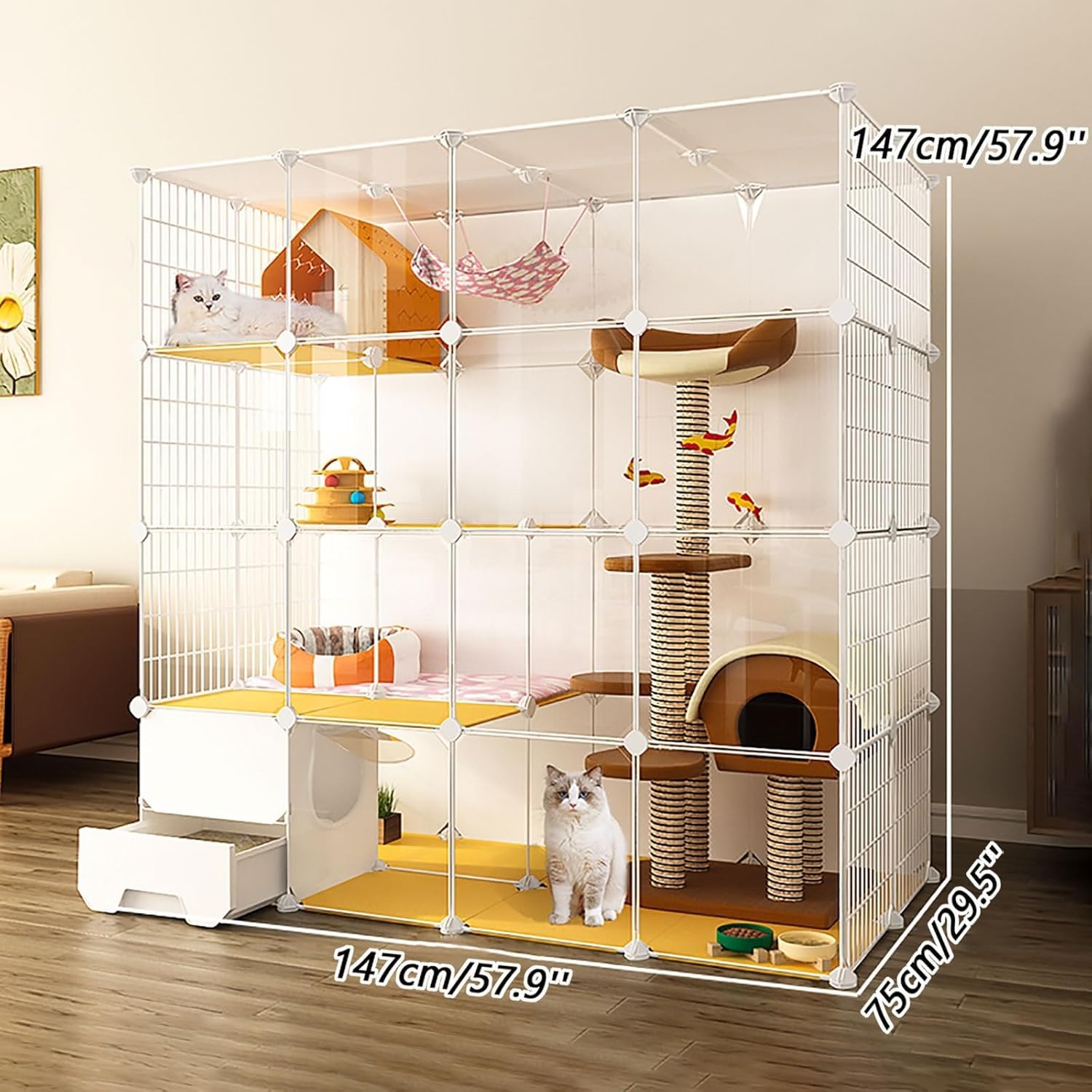 Gabbie per Gatti di Grandi Dimensioni al Coperto, Box per Gatti Fai-da-Te con Lettiera per Gatti, Recinto per Animali Domestici in Filo Metallico Staccabile Semichiuso, Ampio Spa, 147x75x147cm