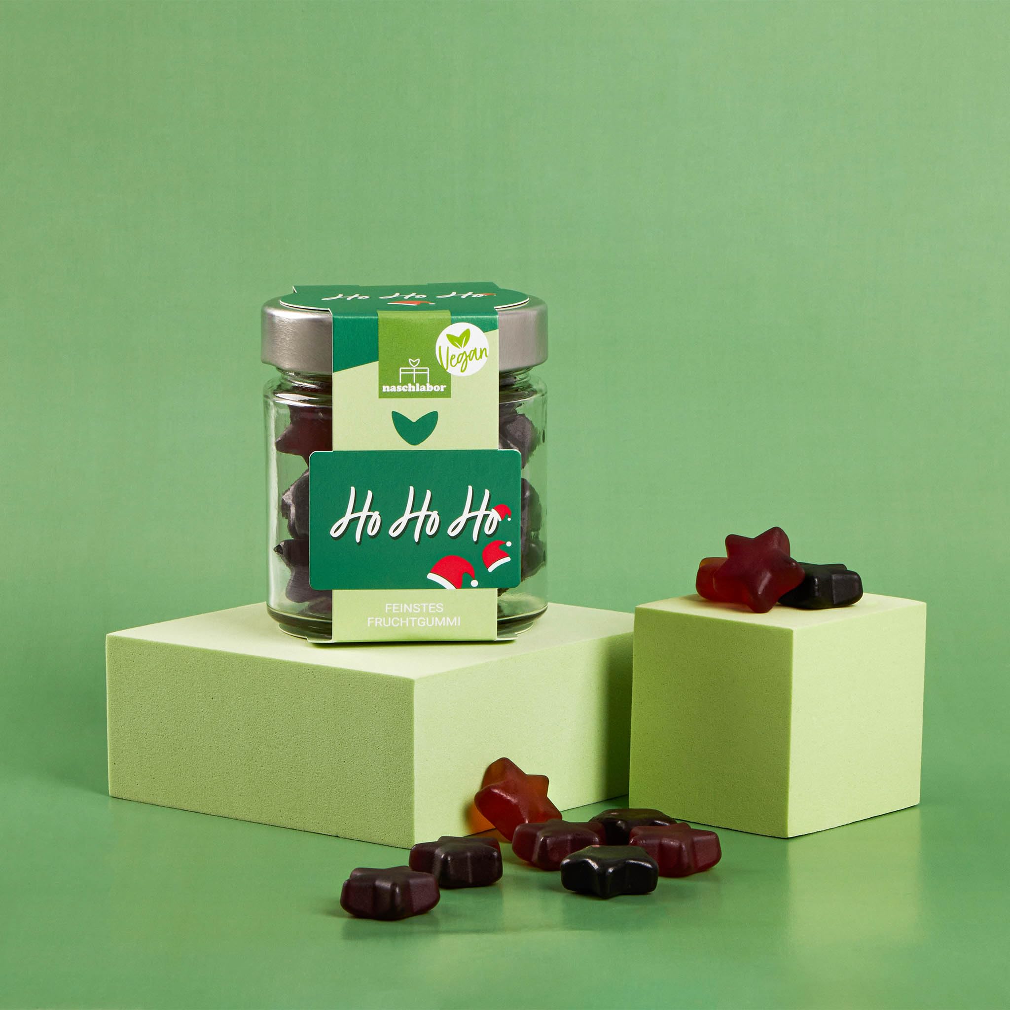 Vegan Ho Ho Ho Fruchtgummi in Geschenkglas 120g | Veganes Geschenk für Familie, Freunde und Kollegen | 20% sortenreiner Fruchtsaft | Mitbringsel Geschenk für Weihnachten und Nikolaus