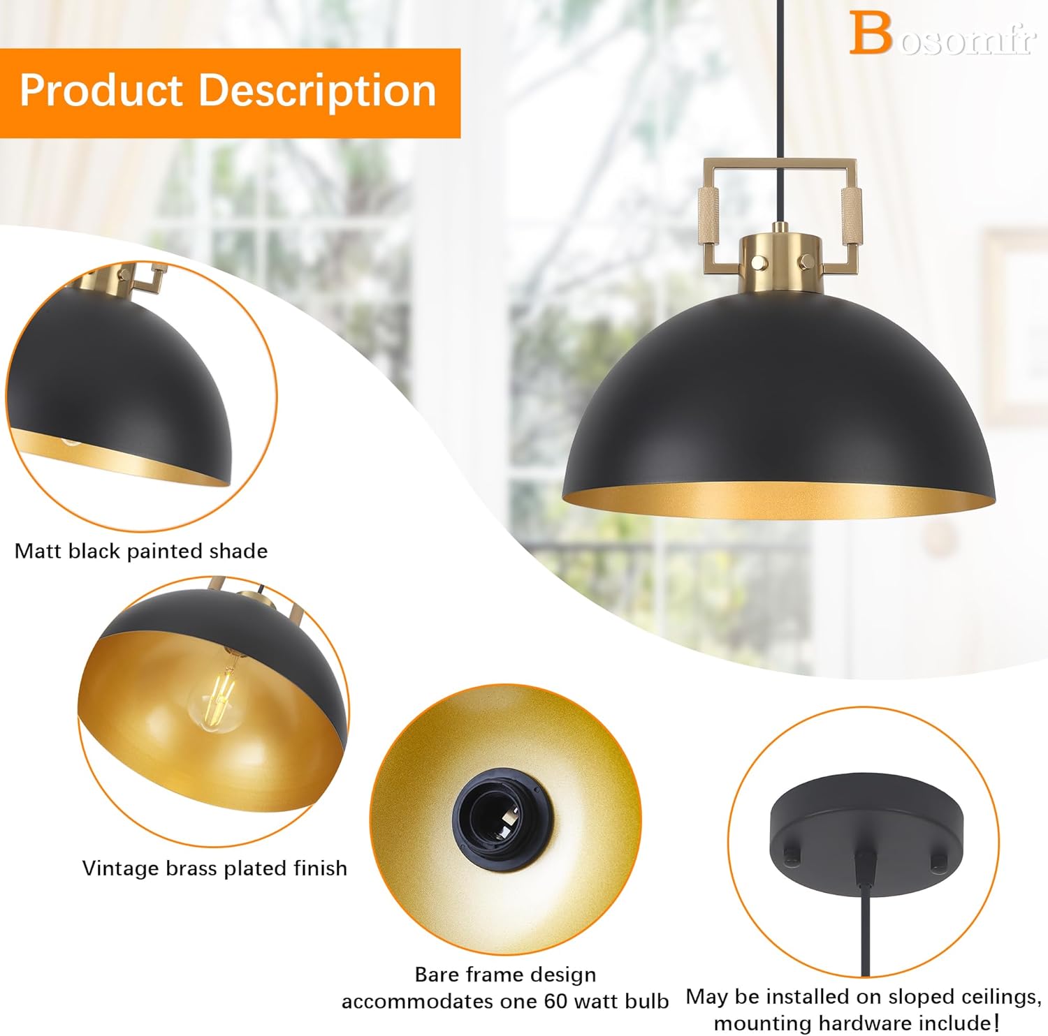 Matte Black Farmhouse Pendant Light 2 Pack Adjustable Height Vintage Hanging Industrial Ceiling Lights Fixture for Kitchen Island Hallway Dining Room Dome Chandelier Modern Pendant Lighting 12''