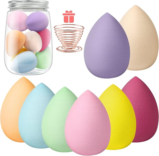 AUAUY 8 Pcs Makeup Sponge Blender Set, Beauty Sponge, Makeup Sponges for Foundation, Multi-color Makeup Sponge Set With 1 holder 1 Storage Tank, for Liquid, Cream, and Powder (Full Drip Style)