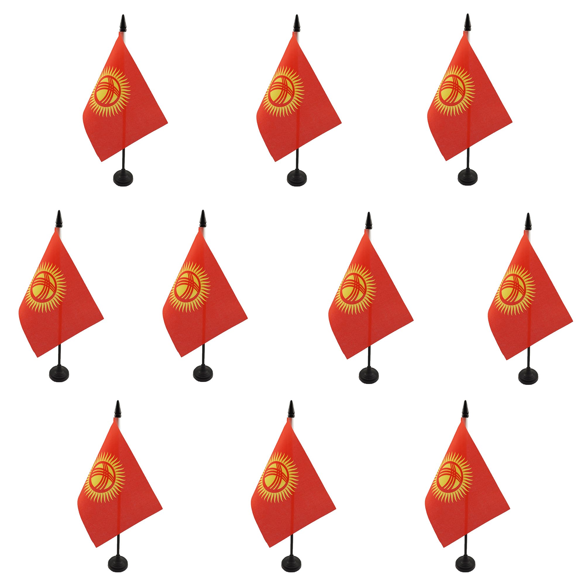 AZ FLAG - Set of 10 Kyrgyzstan Table Flag 4'' x 6'' - 10 Small Kyrgystani Office Flags 100% Polyester 15 x 10 cm - Mini Desk Flag with 10'' Pole and Black Plastic Base