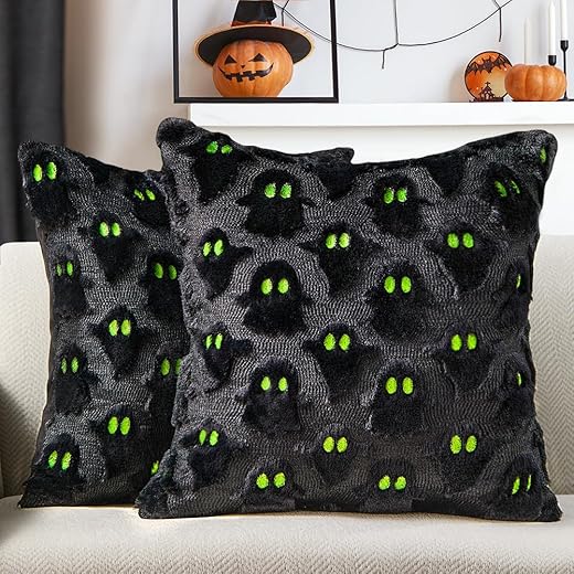 DFXSZ Halloween Pillow Covers 18x18 inch Set of 2 Black Ghost Throw Pillow Cases Soft Plush Faux Fur Wool Couch Cushion Case for Chair Sofa Bedroom Living Room Home Decor PTK03F18