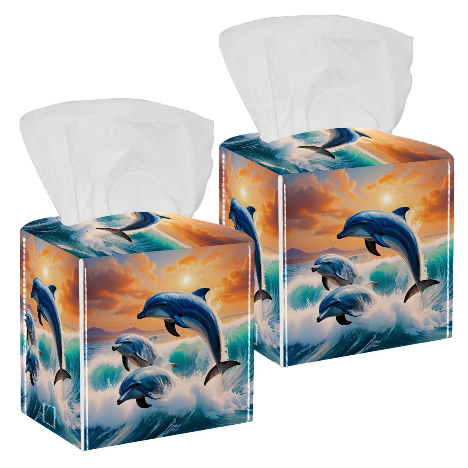 Dolphin Jumping Tissue Box Cover, 2 Pack PU Leather Square Facial Tissue Dispenser Box holder for Home Office Car