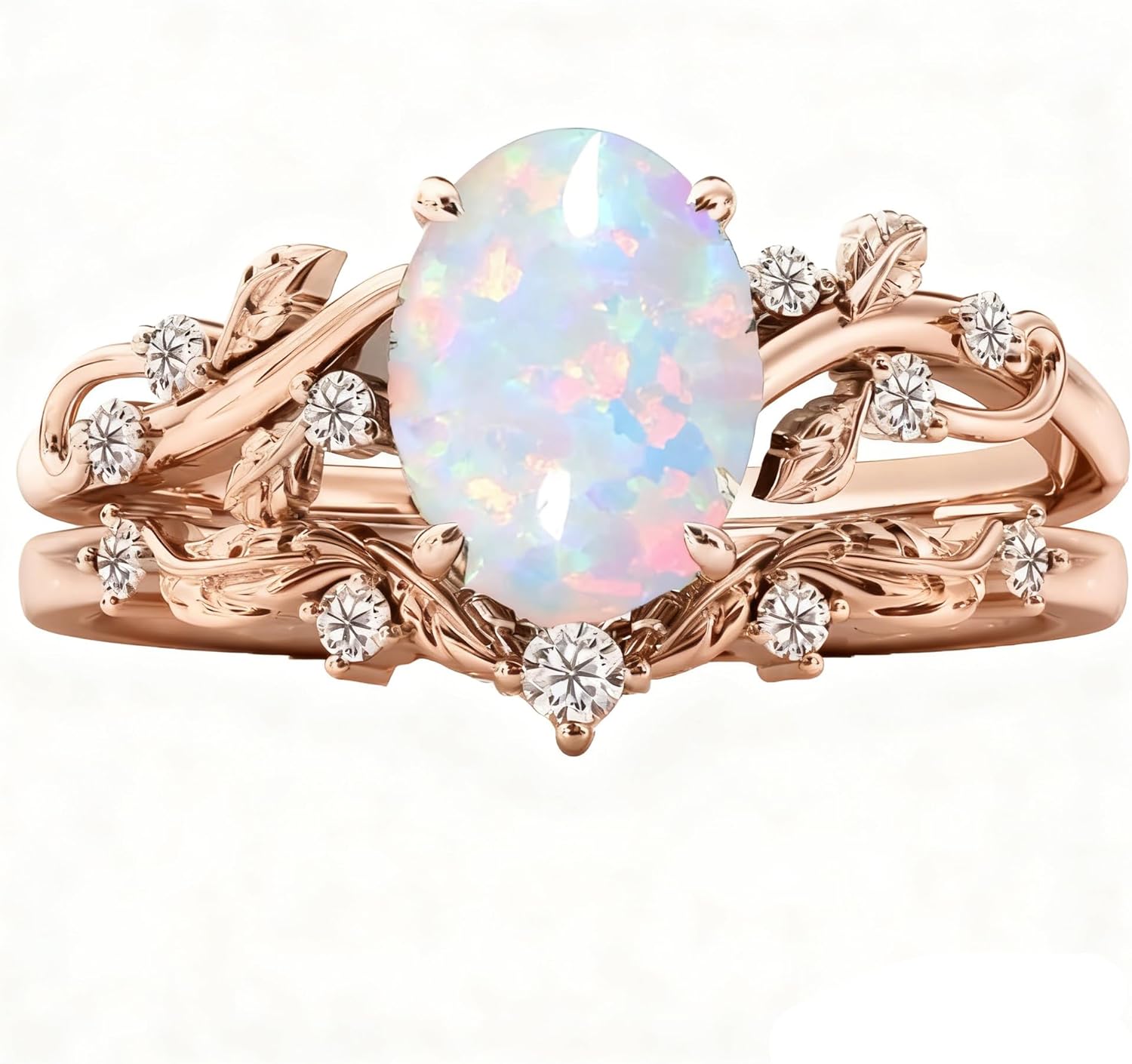 Opal Engagement Ring Set for Women, 925 Sterling Silver Pear/Heart/Coffin Cut White Opal Bridal Wedding Rings Set Inspired Leaf Bridal Rings Set for Her Free Engraved