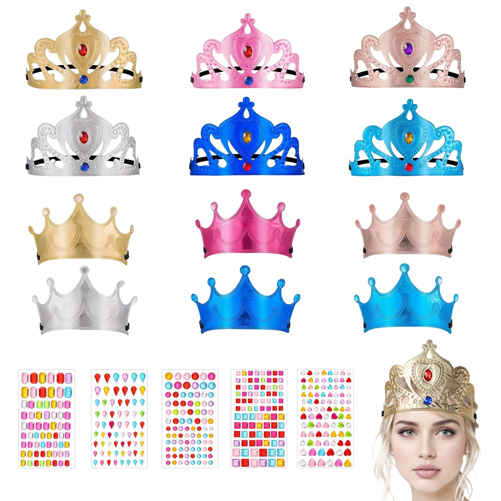 HOPNKN 17pcs Foam Princess Crowns Set, Adjustable Birthday Crowns with Crystal Diamond Sticker for DIY Princess Birthday Decorations