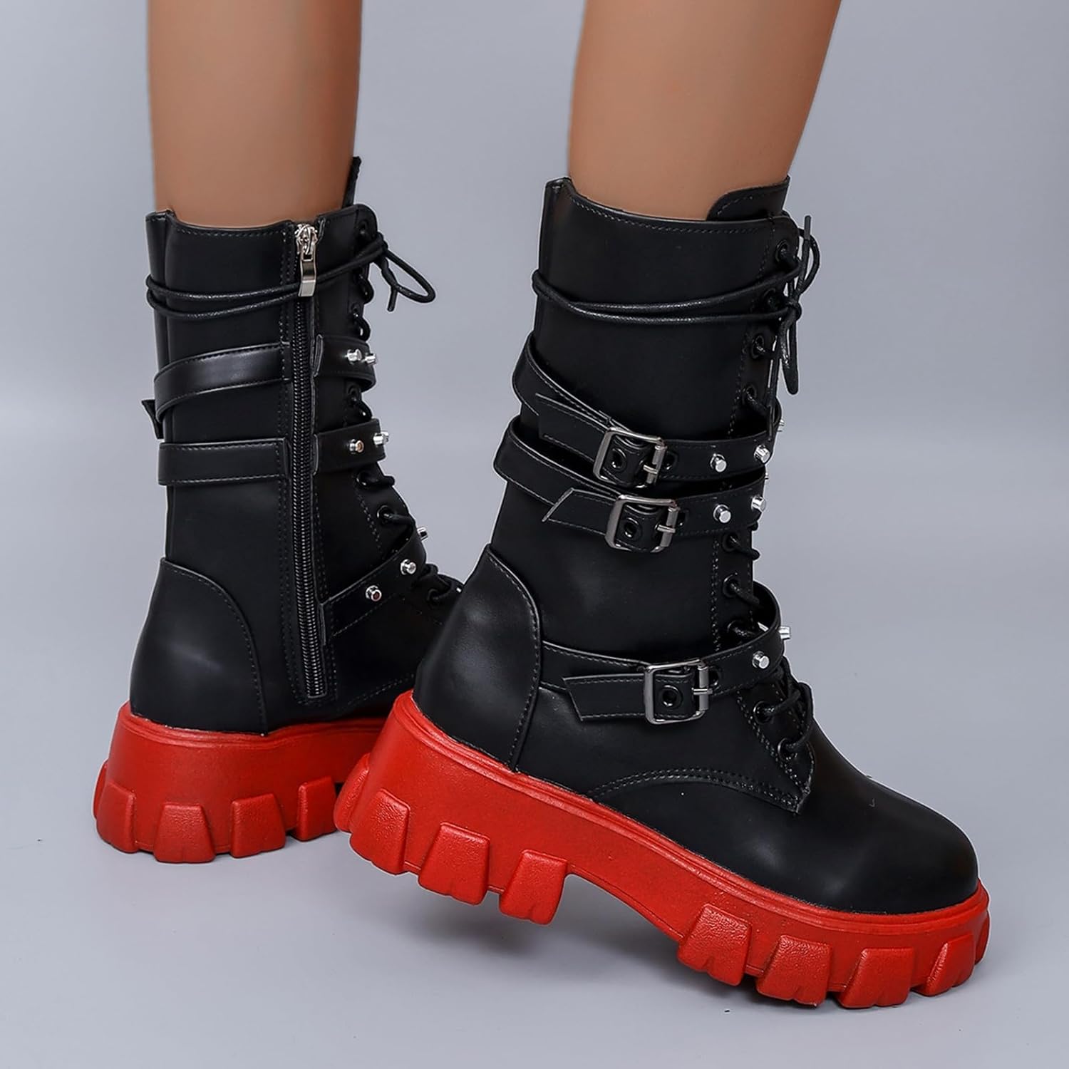 Bottines Gothiques Punk à Lacets Et à Fermeture éclair Pour Femmes - Conception Punk