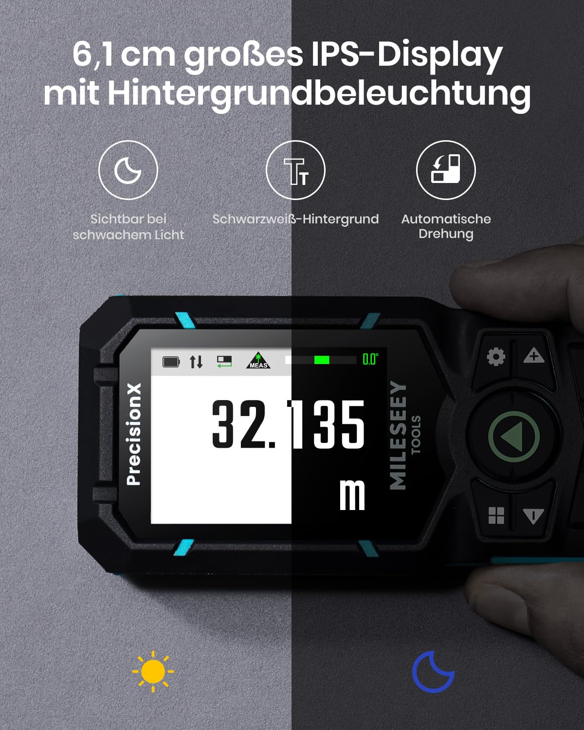 MiLESEEY S50 Laser Entfernungsmesser mit Grünem Strahl, 120 m Lasermessgerät, P2P Laser Messgerät, Seitliche Laserausrichtung, Wiederaufladbar, 6,1 cm IPS-Display, Innen Außen