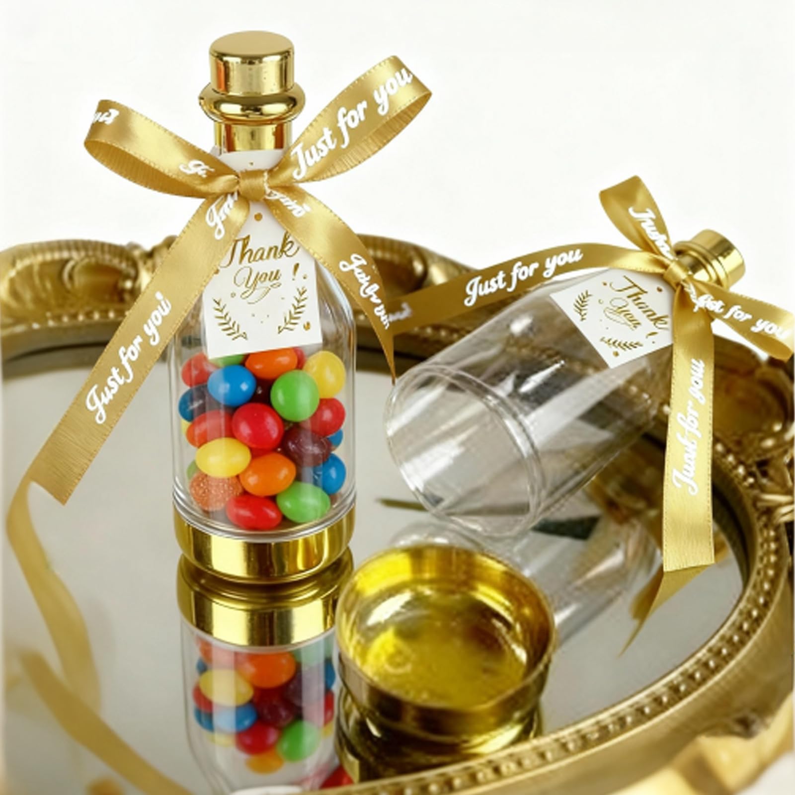36 mini bottiglie di champagne a forma di barattolo in plastica dorata, per bomboniere fai da te, bomboniere, matrimoni, feste, con biglietto e fiocco