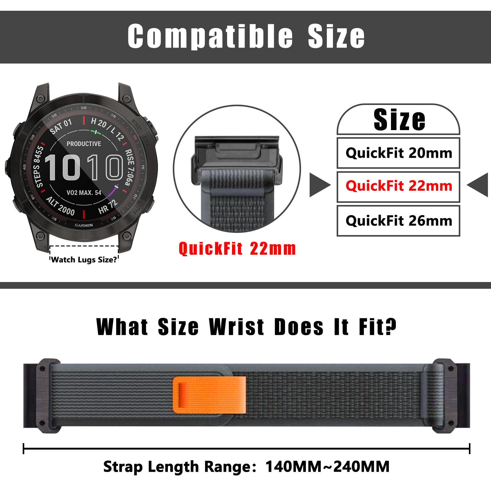 ZoRoll 22mm QuickFit Cinturino per Garmin Fenix E/Fenix 8 47mm/Fenix 7 Pro/Fenix 7/6 Pro/6/5/5 Plus, Elastico Nylon Cinghie di Ricambio per Garmin Tactix 8 47mm/Descent G2/Epix - Nero&Grigio