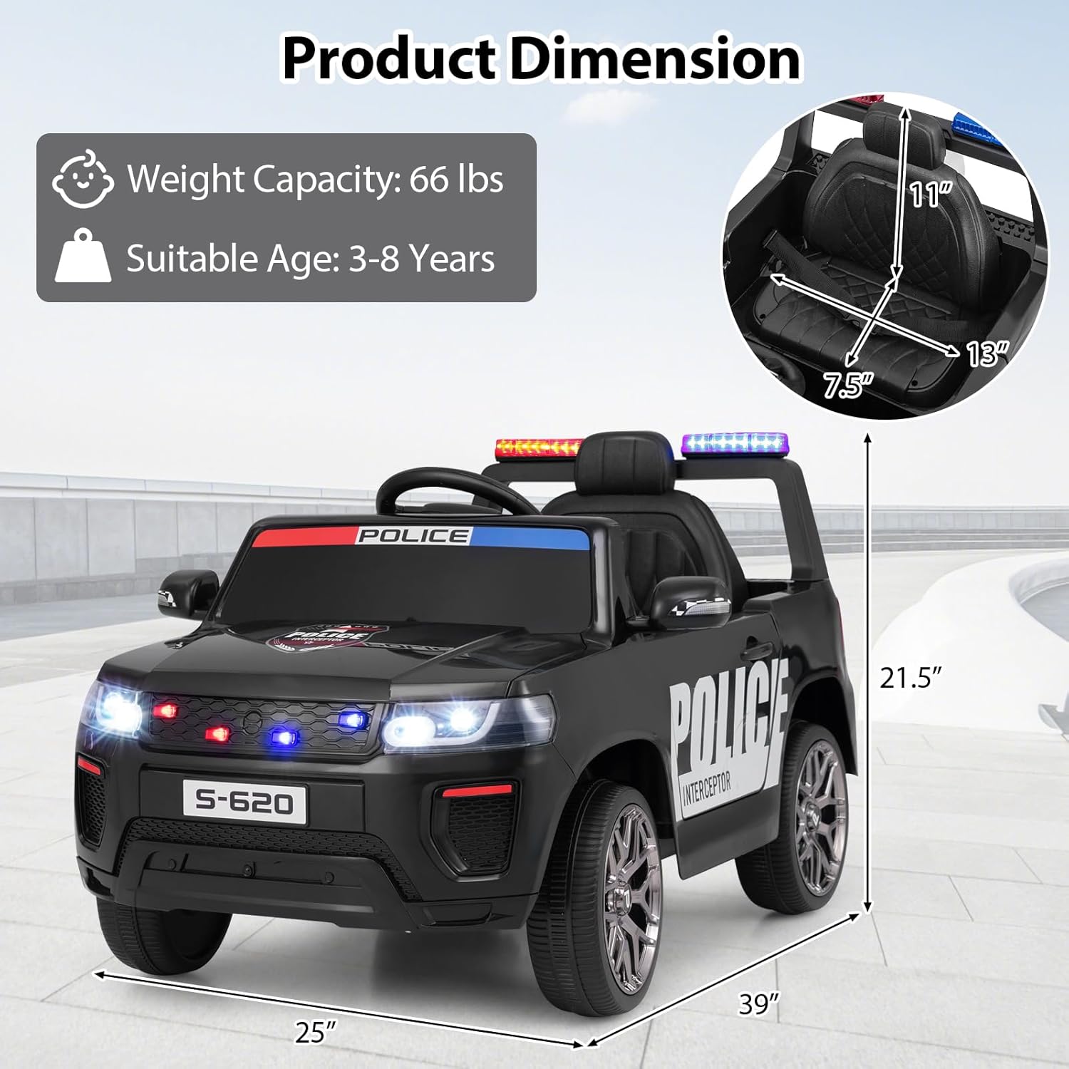 OLAKIDS Ride on Police Car, 12V Kids Battery Powered Electric Vehicle with Siren, Flashing Lights, Bluetooth, Music, MP3, USB, Power Display, Spring Suspension, Aged 3-8 Years (Black)