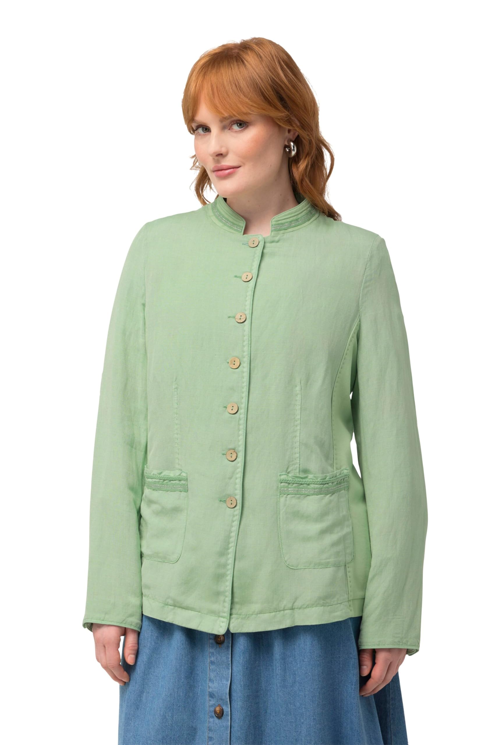 Ulla Popken Damen große Größen Übergrößen Plus Size Leinenmix-Janker, Stehkragen, Metallic-Streifen 823539