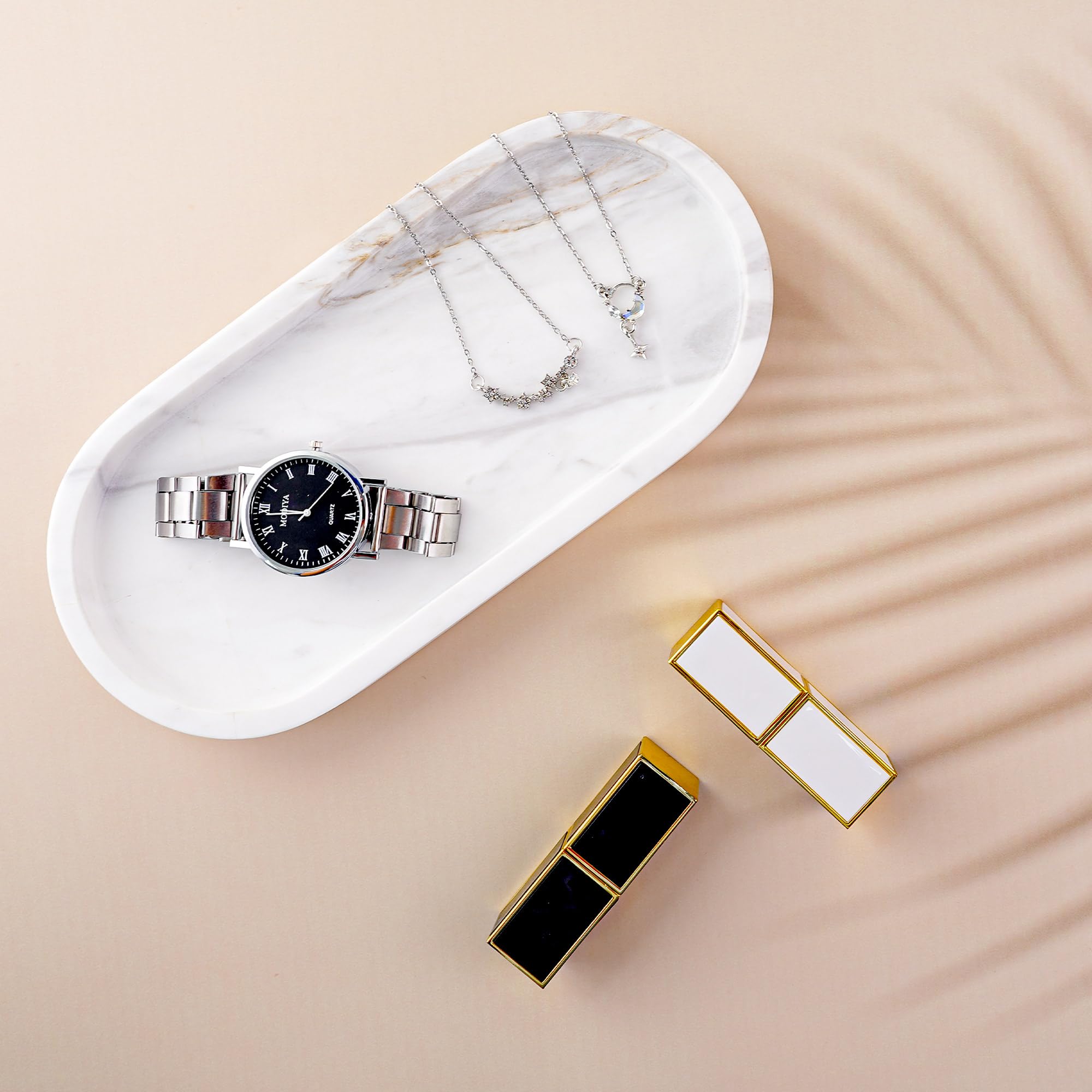 N NANSHOP Natural Marble Bathroom Vanity Tray for Non-Slip Bathroom Organizer Travertine Tray Countertop Decor for Makeup, Jewelry, Marble Coffee Table,Perfumes White (NS009)