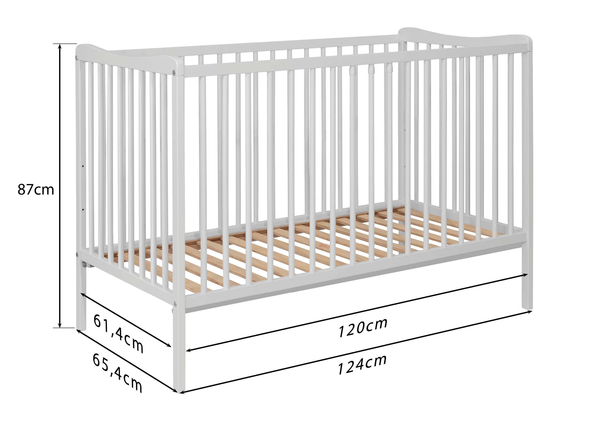 Kinderbett Sasha 120x60 cm aus Buchenholz, umbaubar zum Juniorbett mit Rausfallschutz, EN 716 geprüft, 3-Fach höhenverstellbar (Weiß)