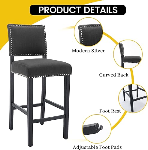 Miniatura 3 de KCC Juego de 2 taburetes de bar de 29 pulgadas, tapizados para islas de cocina, borde de cabeza de clavos, color gris