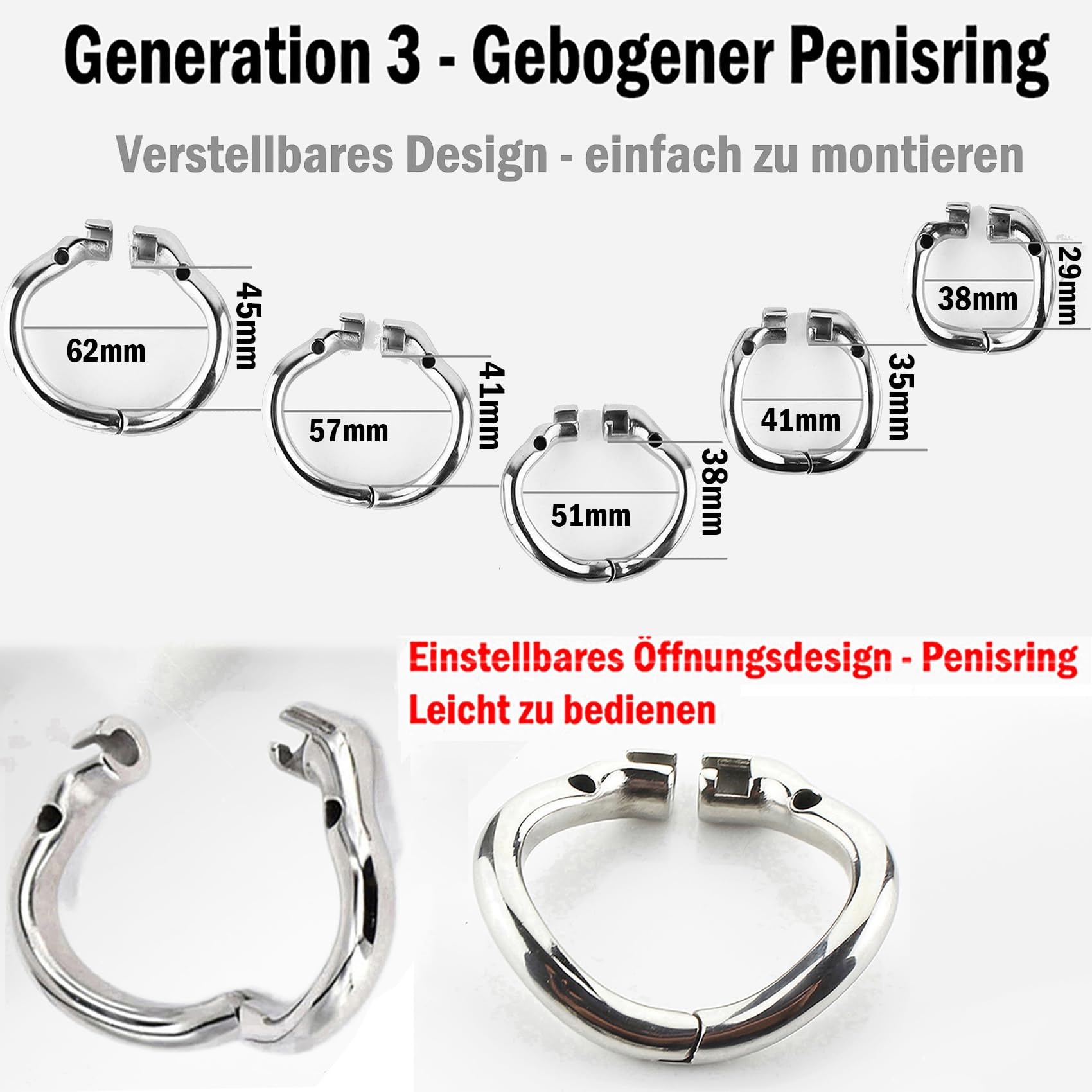 Edelstahl PA Piercing Keuschheitskäfig Herren Atmungsaktiver Peniskäfig Mit 3.0 Verstellbarer Cockringe Und Tragbarer Gürtel SM Klein Metall Chastity Cage Extrem SM Sexspielzeug,Silber,51mm