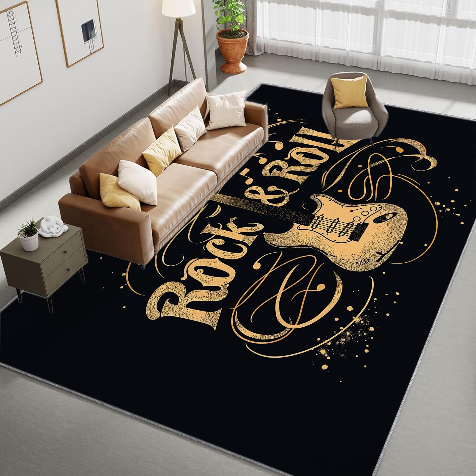 Générique Tapis de Salon Style Rock Guitare Notes De Musique Noir 160x230 cm Salle à Manger Adulte Bureau Design Moderne Poil Court Doux Léger Résistant, pour Salon, Chambre à Coucher, Couloir