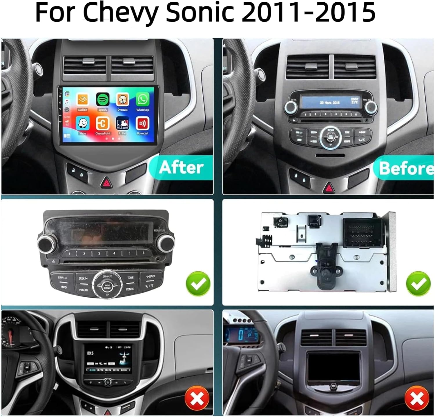 Image showing the original car radio unit and the dashboard before and after installation of the new stereo.