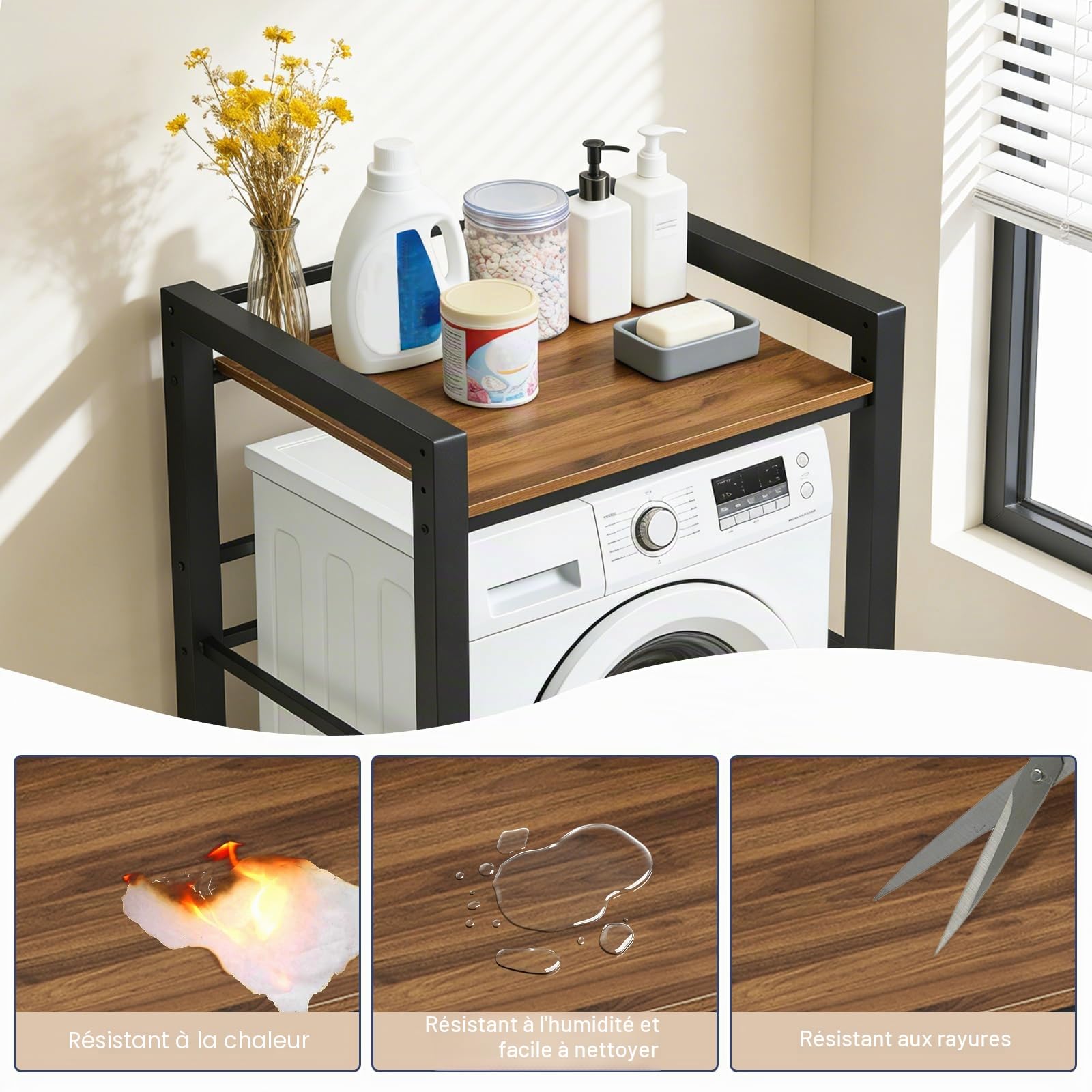 Meuble Machine à Laver, Hauteur sur 3 Positions, Etagere Machine a Laver et Seche Linge, Charge de 350kg, pour Buanderie Salon Salle De Bain, 75 x 65 x 104 cm (Noir)