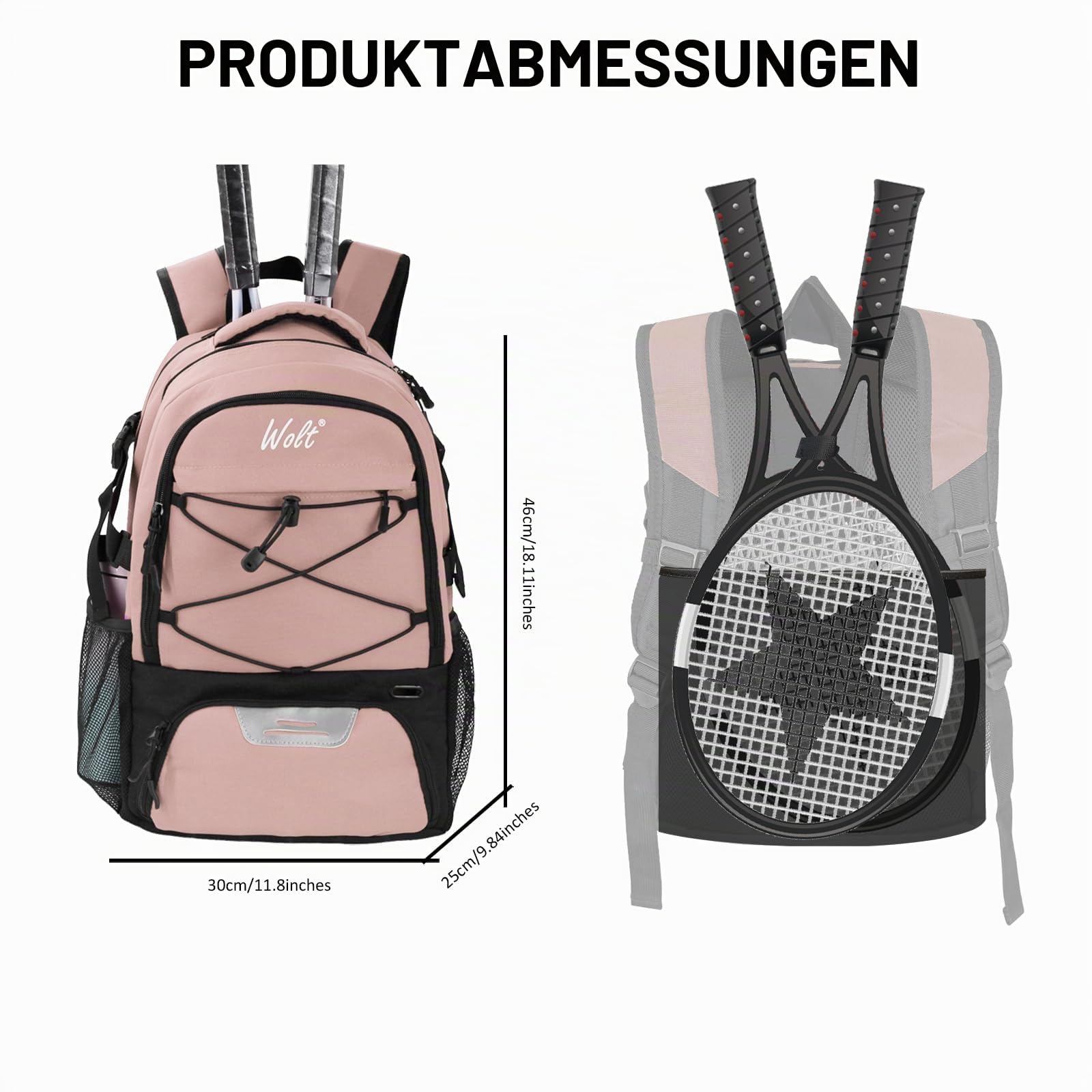 WOLT Tennis-Rucksack für Herren und Damen, große Tennisschlägertasche mit belüftetem Schuhfach für 2 Tennisschläger, Pickleball-Bälle