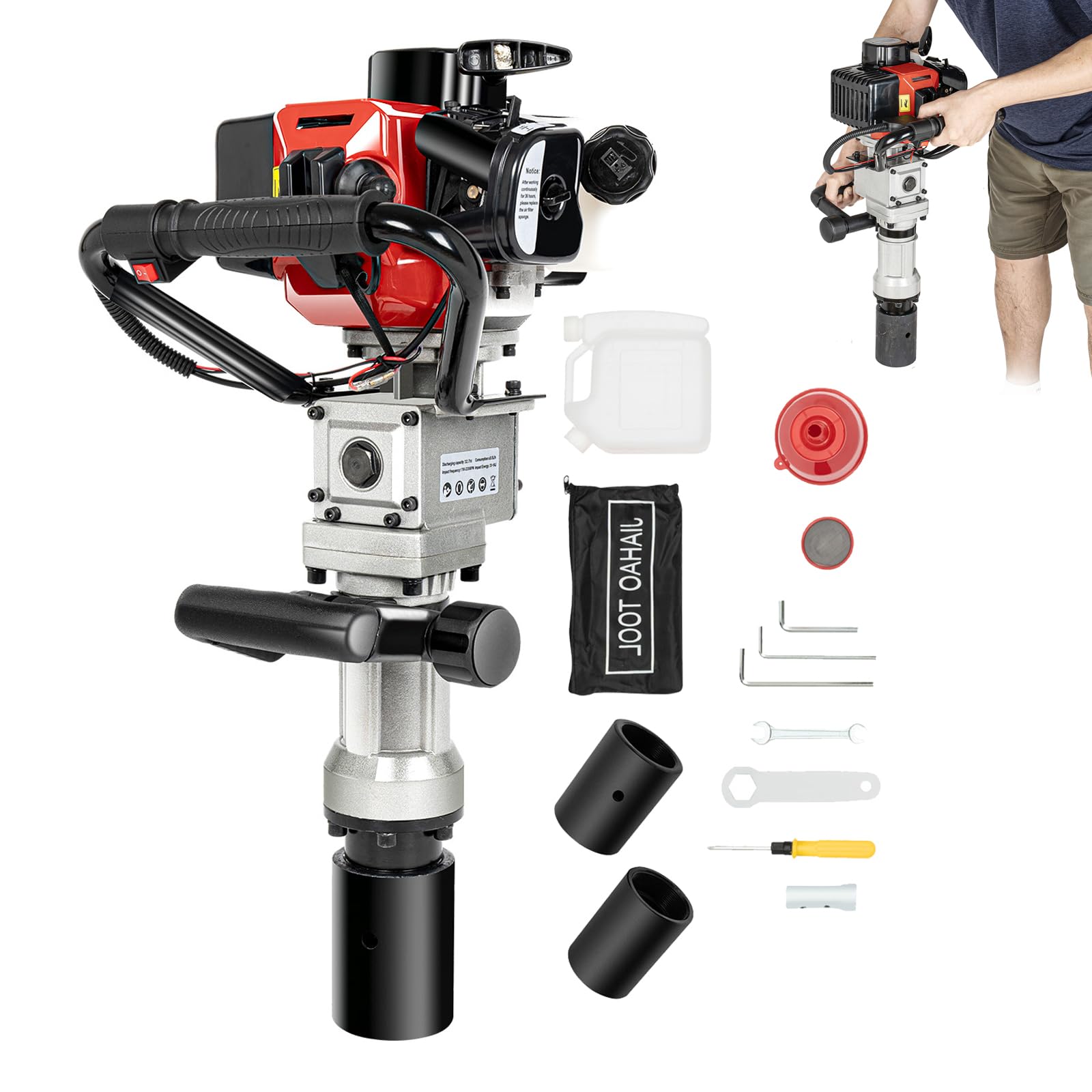 JAYGOVAN 32.7CC 2 Stroke Gas Powered T Post Driver, 900W Gas Powered Pile Driver Fence Post Driver Portable Petrol Piledriver Single Cylinder Air Cooling 8500r/min, with 2 Post Driving Head (32.7cc)