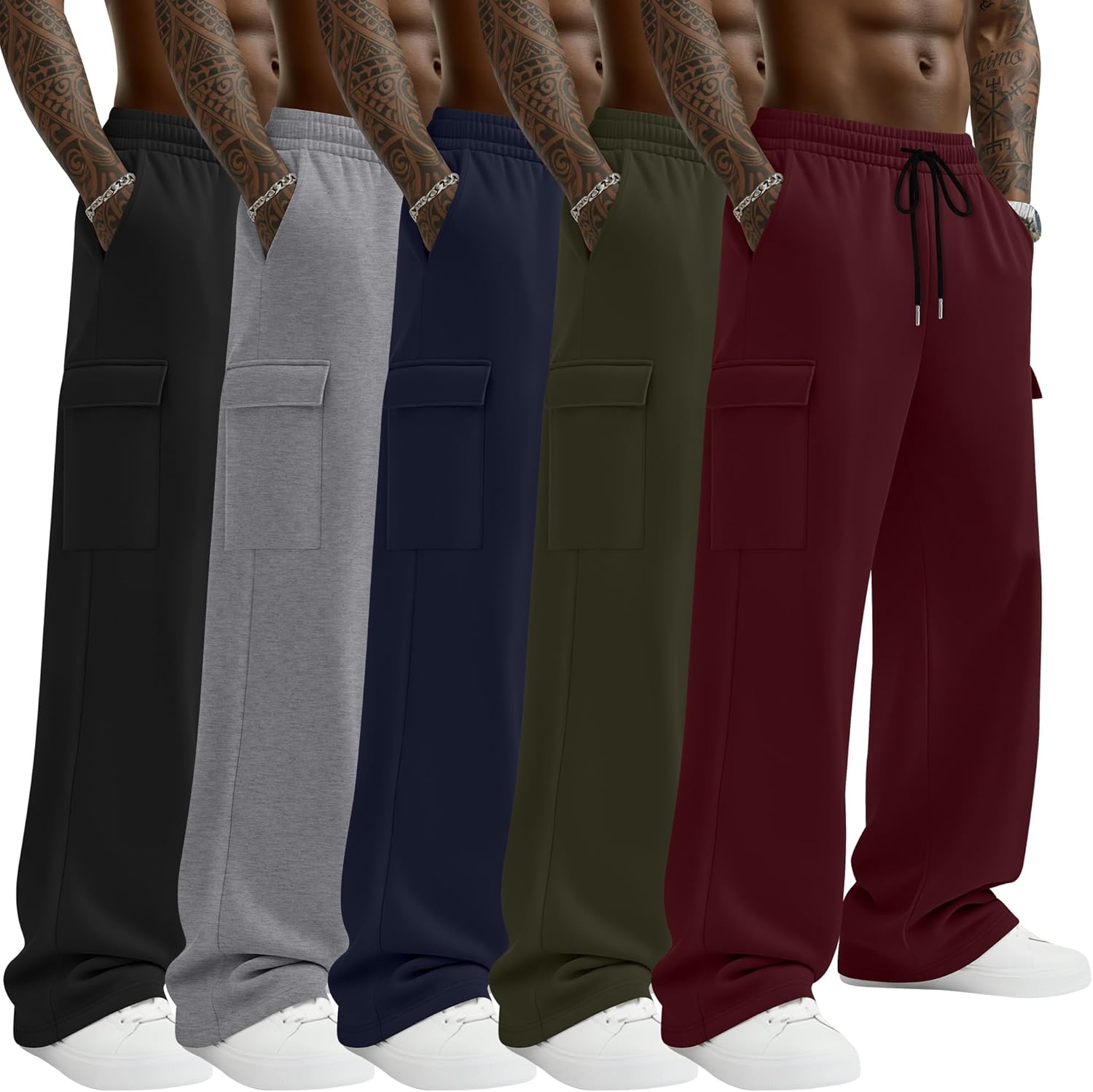 5 Pack Men's Cargo Sweatpants Lightweight Baggy Wide Leg Open Bottom Joggers Drawstring Pants with Pockets