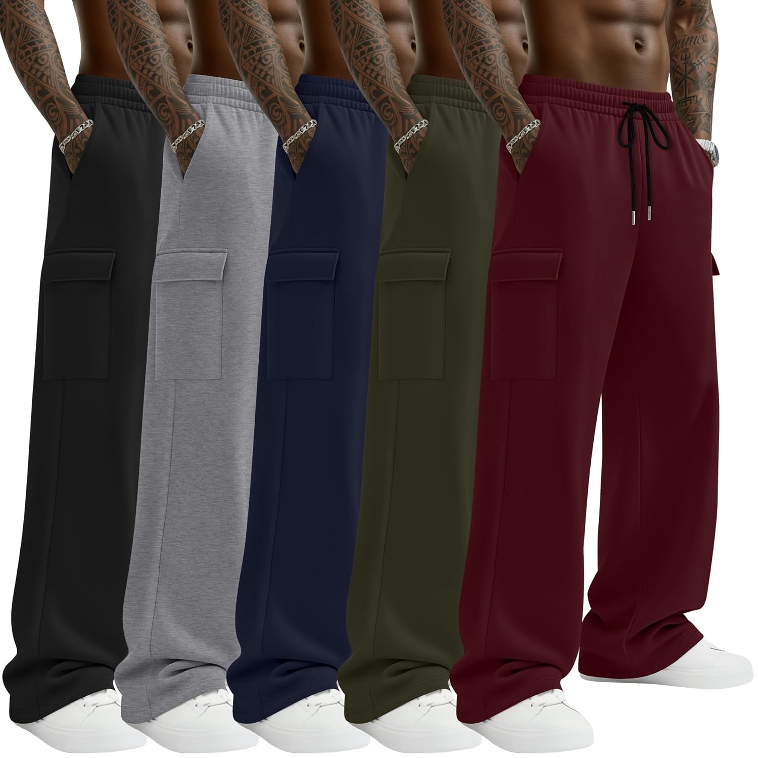 5 Pack Mens Cargo Sweatpants Lightweight Baggy Wide Leg Open Bottom Joggers Drawstring Pants with Pockets
