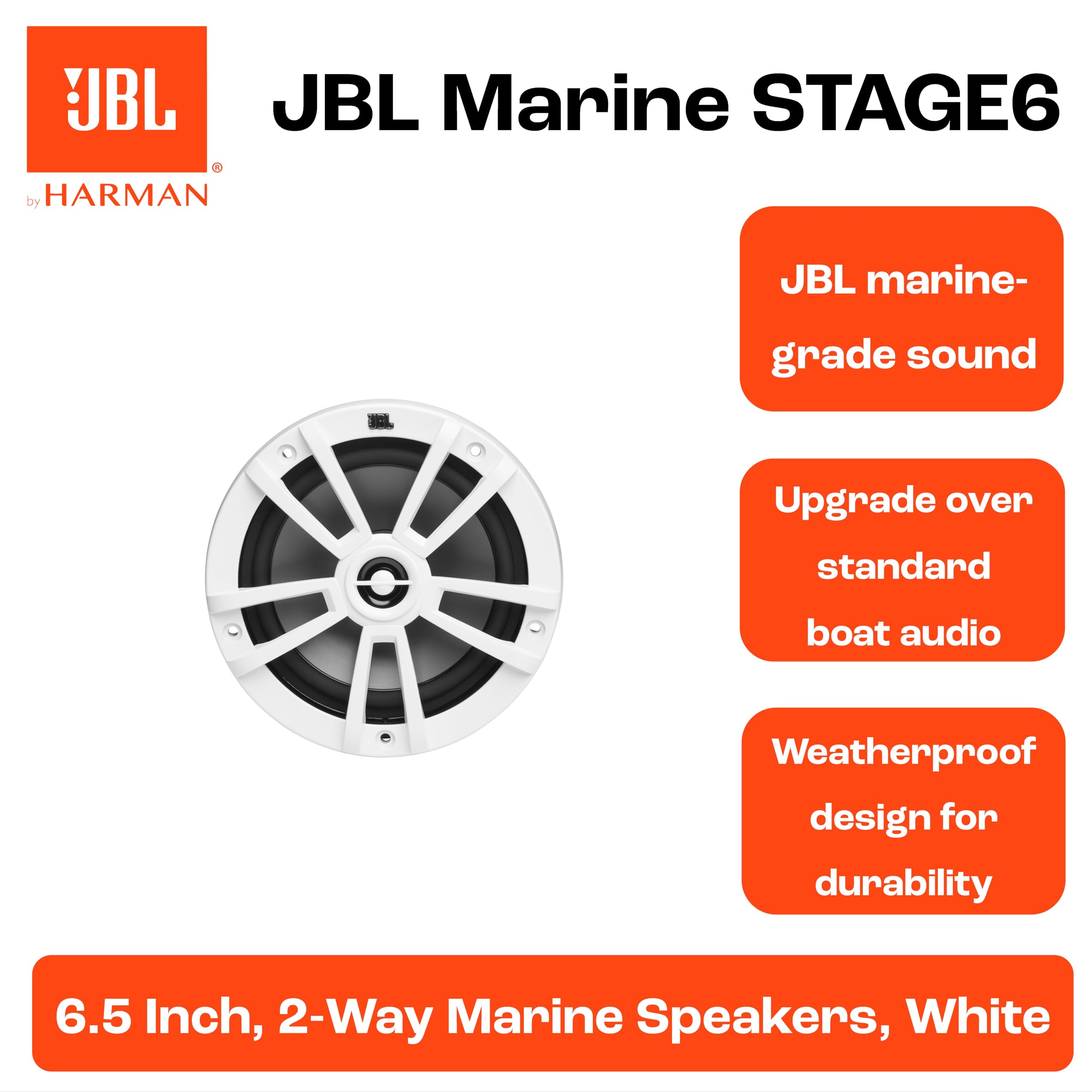JBL Stage Marine Haut Parleur étanches 6-1/2" (160mm) - 180 Watts Deux Voies Haut-parleurs Marins pour Bateau - Enciente encastrables d'extérieur résistants aux UV et à l'eau salée - Couleur : Blanc