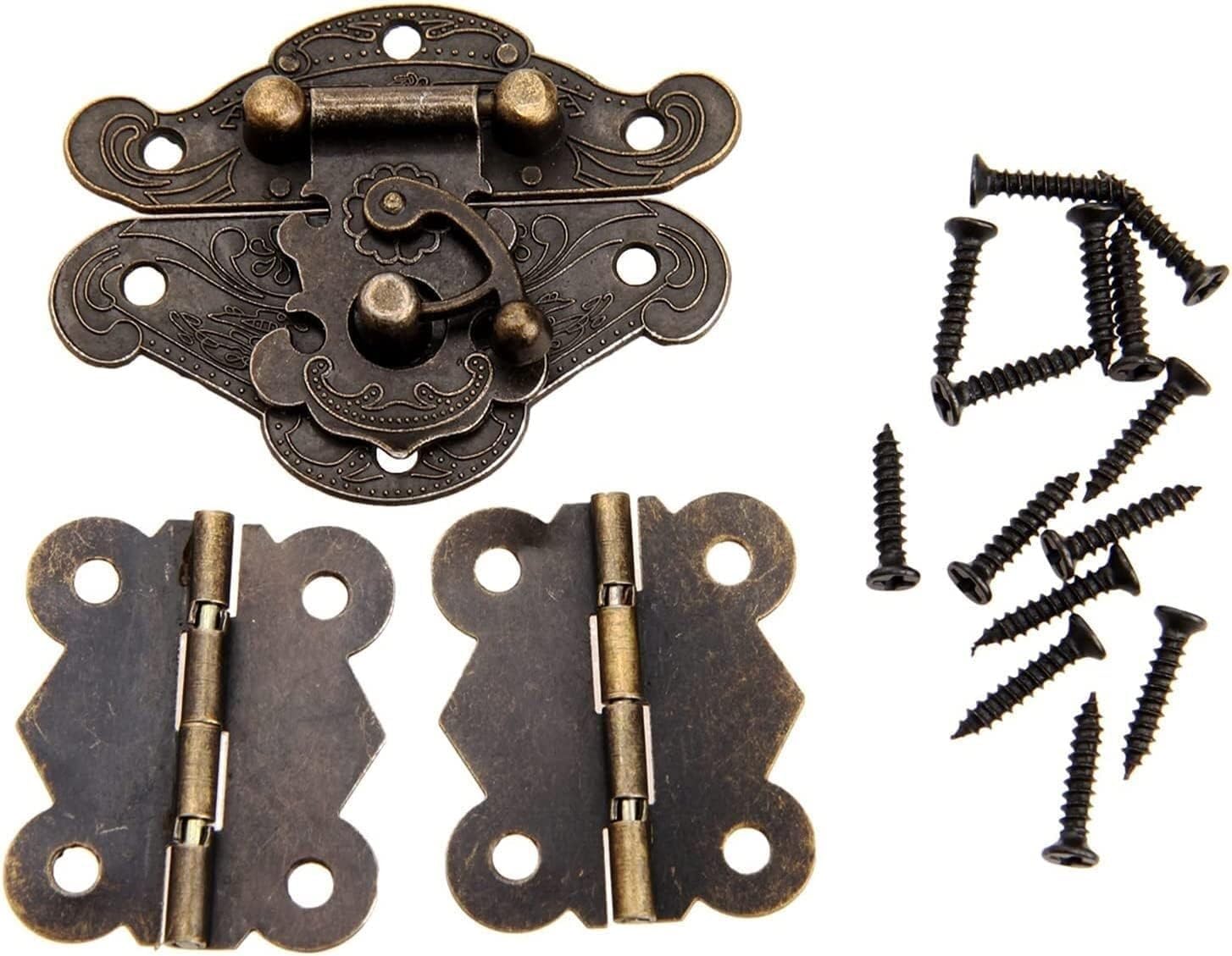 Hasps Latch, 1Pc Bronze Jewelry Wooden Box Protective Cover Hasp Buckle + 2Pcs Cabinet Hinge Furniture Fitting Iron Retro Hardware