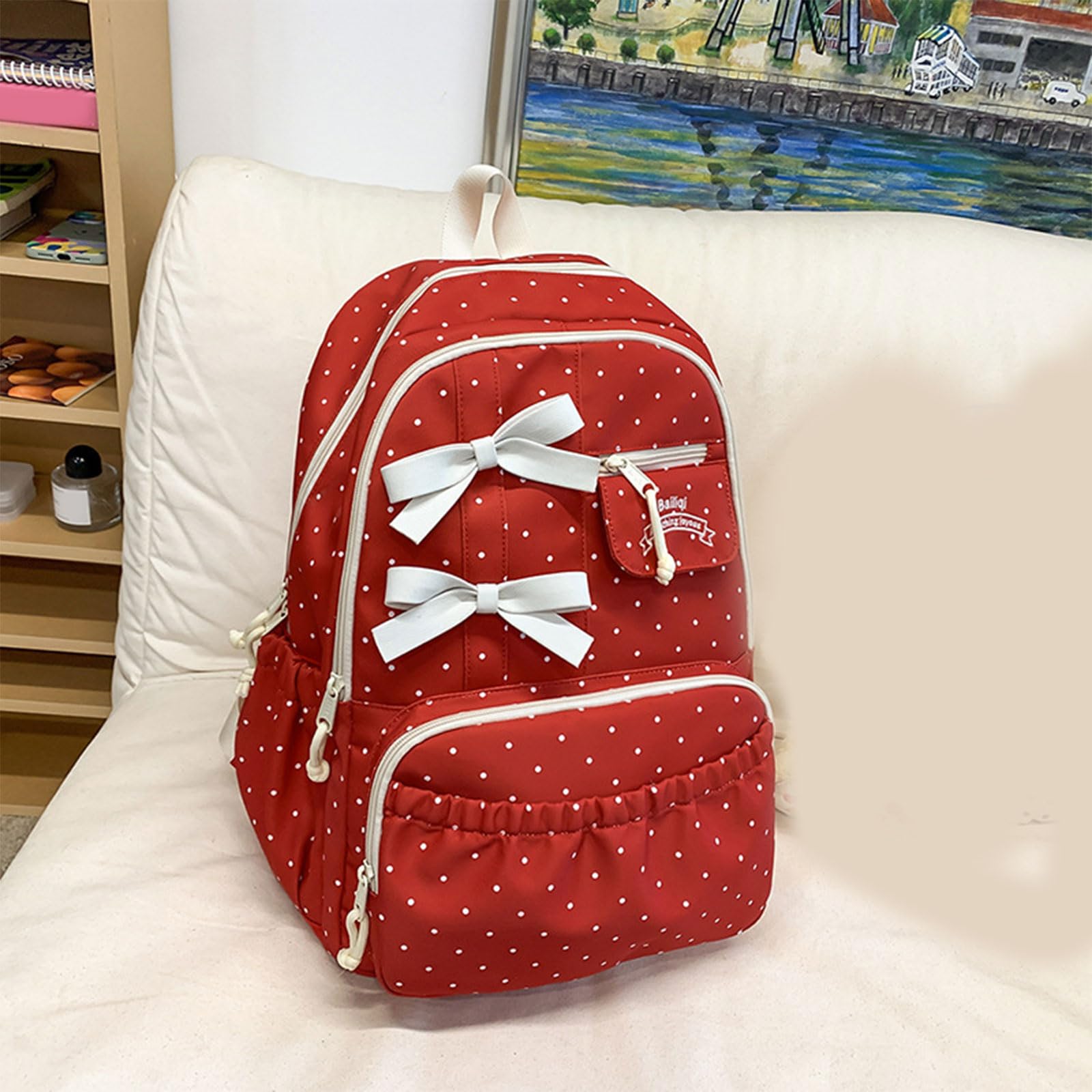 Elegante zaino a pois per donne e uomini grande capacità pratica borsa da libro in nylon con comoda tracolla casual Daypack, Colore caffè.