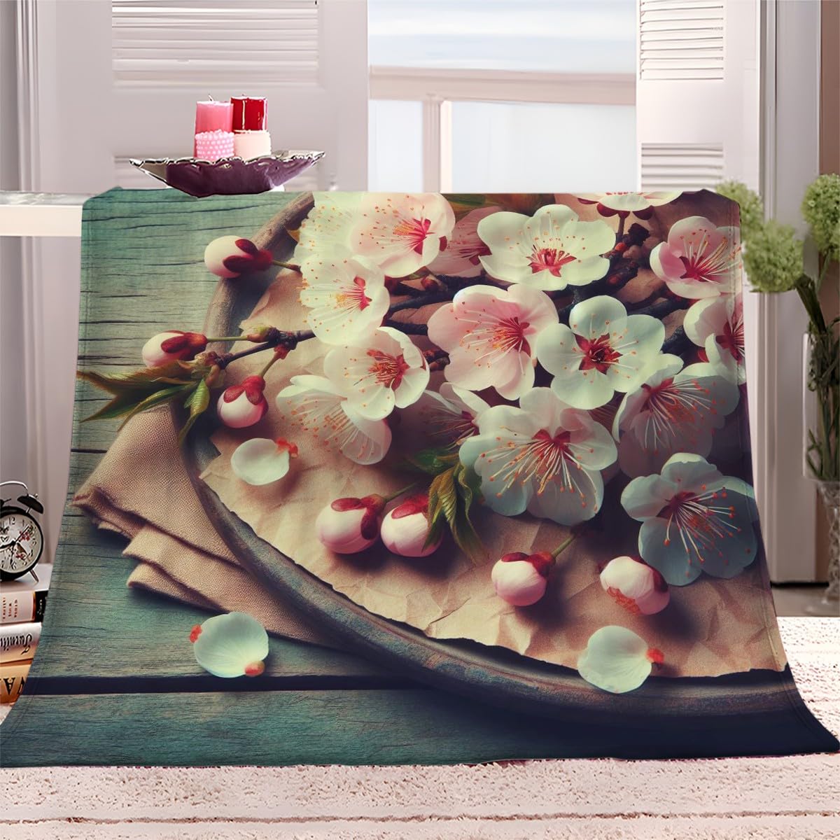 Fleece Blanket Spring Plum Blossom 100x130 cm Throw Blanket for Kids Adult, Fluffy Soft Warm Sherpa Fleece Blankets for Bed Sofa Armchair, Fit All Season