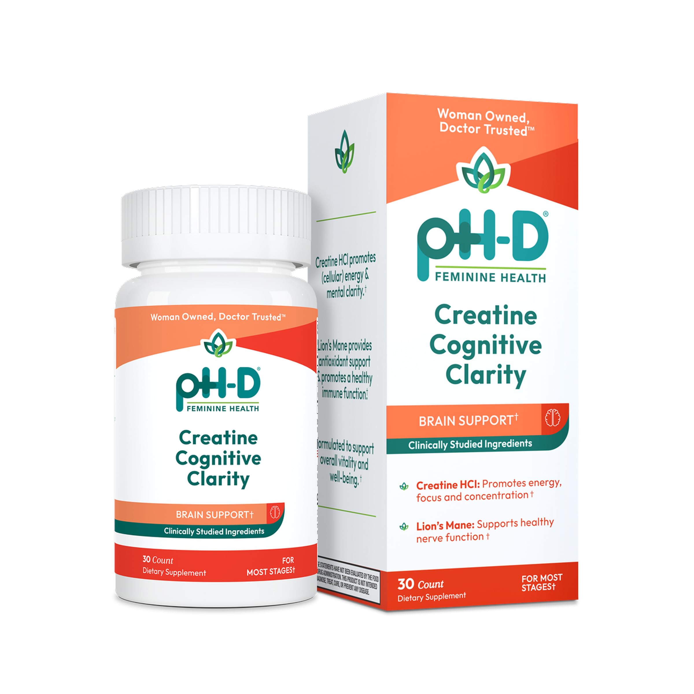 pH-D Feminine Health Support Suplemento de creatina em cápsulas com creatina HCl e cogumelo juba-de-leão, 30 cápsulas