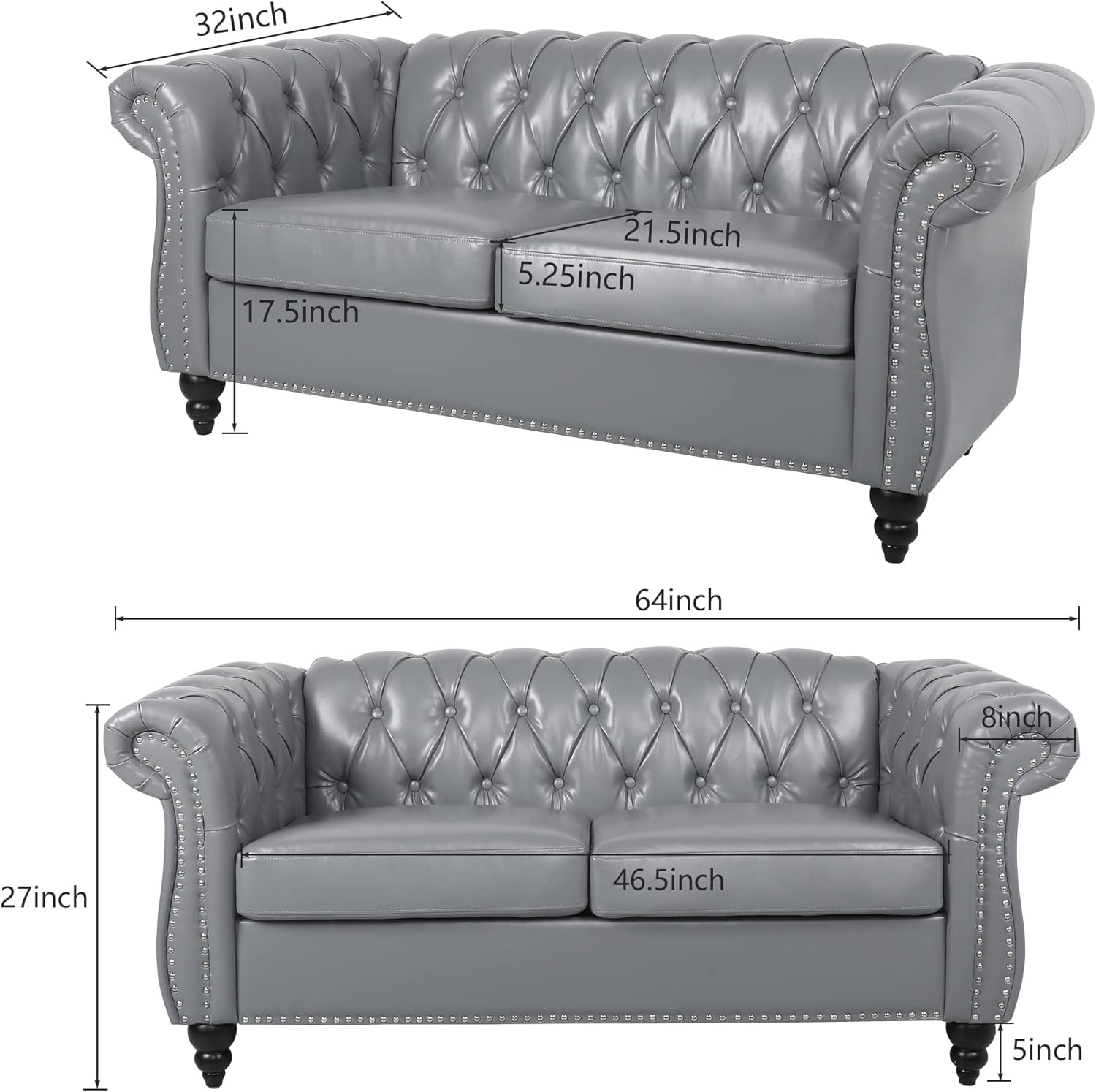 ORRD 2 Piece Living Room Set, Chesterfield Leather Sofa Couch Chair with Scroll Arms and Nailhead for Living Room, Office (Grey)
